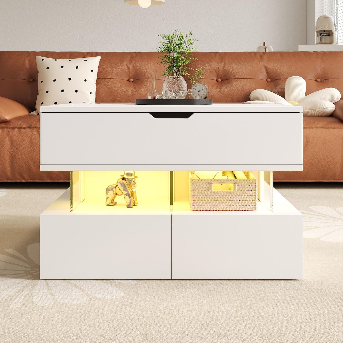 MERAX Table basse relevable rectangulaire blanc - 67x70 cm led panneau de particules