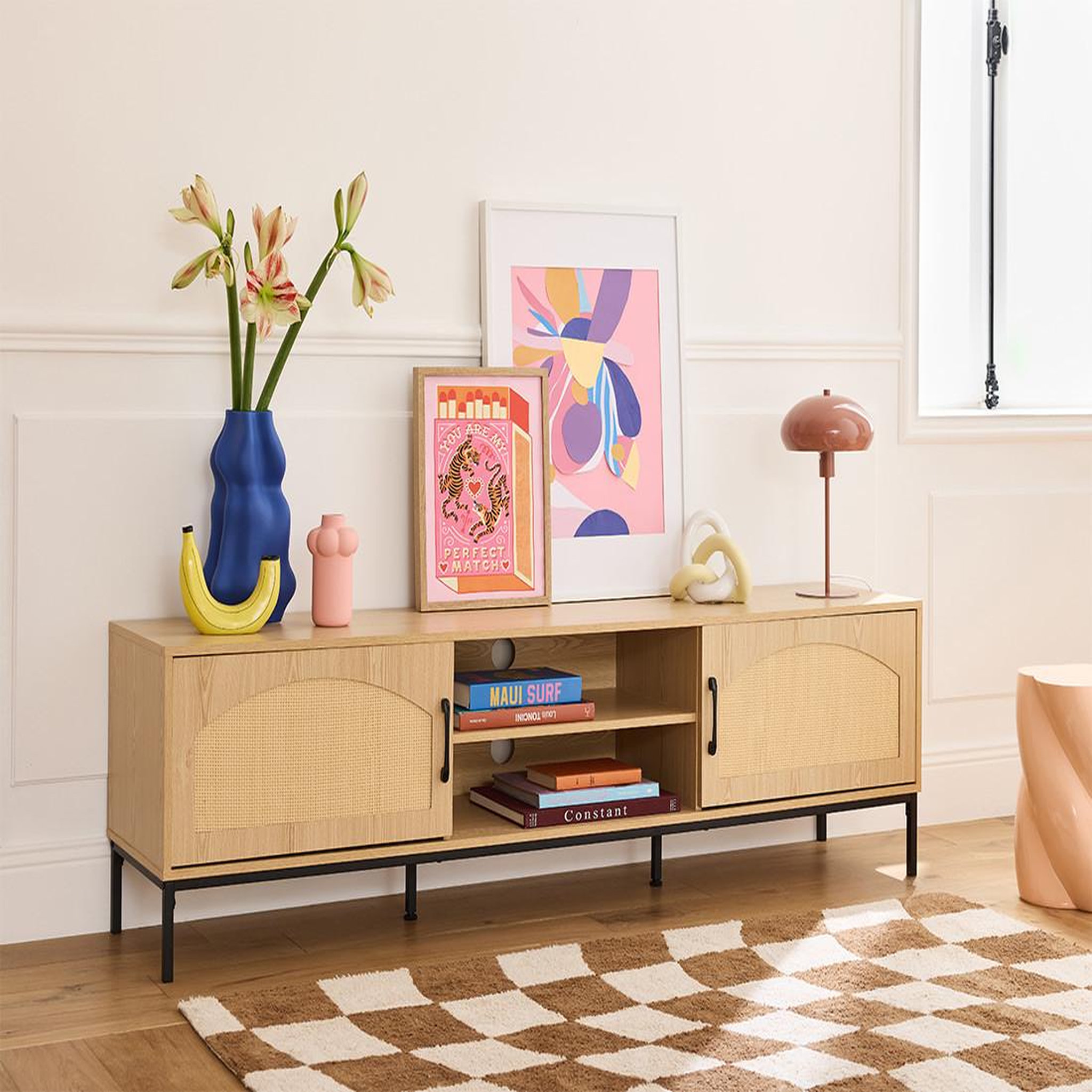 BEST MOBILIER Nagato - meuble tv - cannage et effet bois - 2 portes et 2 niches -180 cm. Coloris disponibles : Marron
