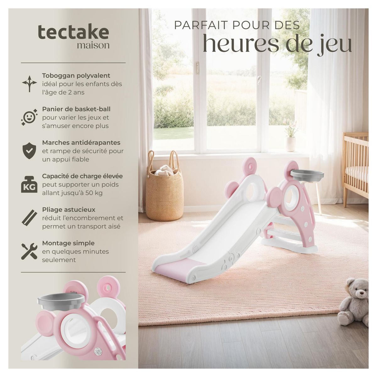 tectake Toboggan pour enfants à partir de 2 ans rose vif