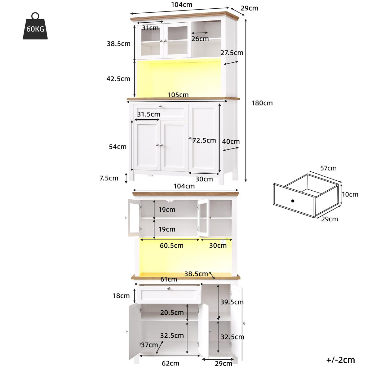 MERAX Buffet de cuisine 5 portes 1 tiroir - 104 cm blanc led mdf