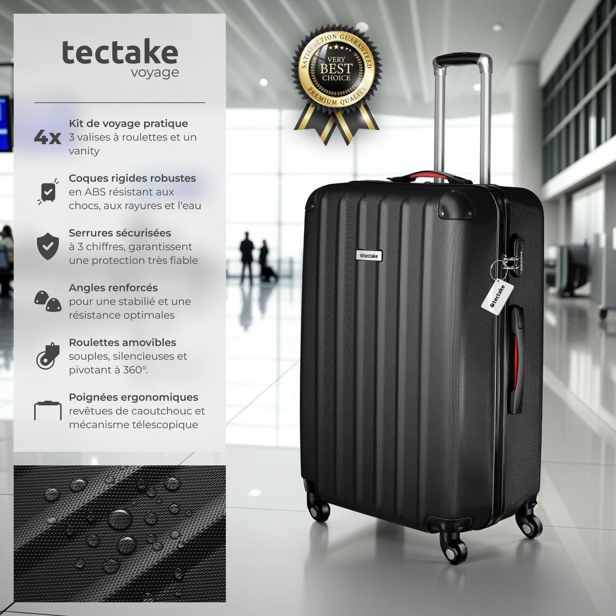 tectake Set de valises rigides 4 pièces, 3 Trolleys, 1 Vanity case, Balance et étiquette bagages inclus noir