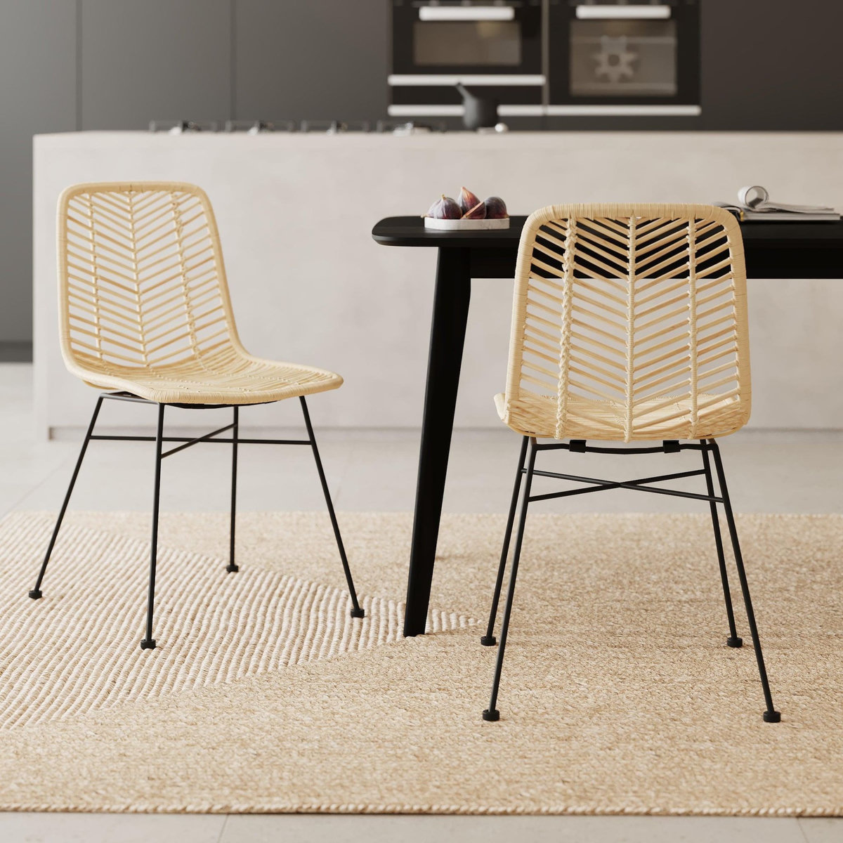 Rendez vous déco Lot de 2 chaises en rotin naturel et pieds en métal noir-Tamara