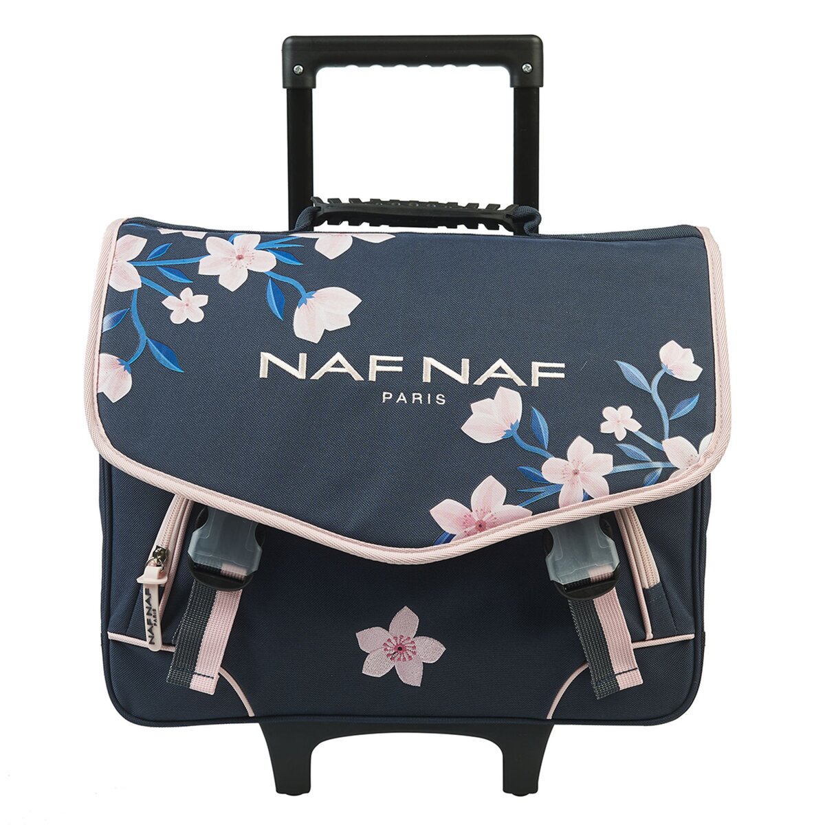 Naf Naf Cartable à roulettes bleu motif fleurs roses