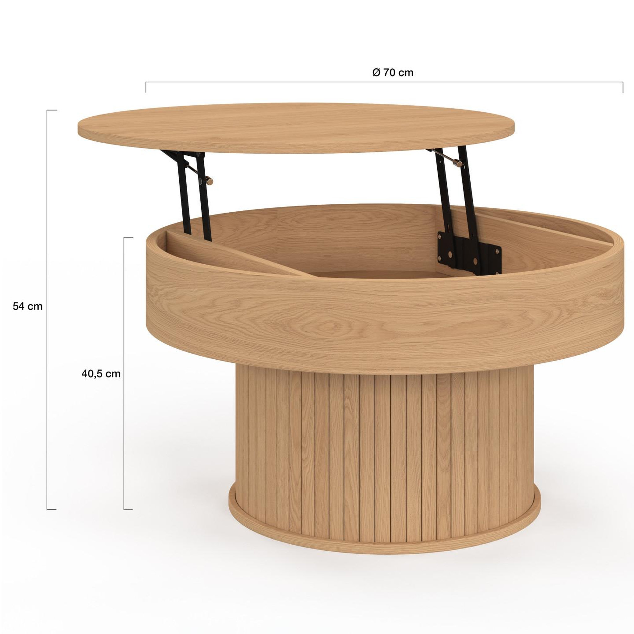 Voir la diapositive 5 : ID MARKET Table basse plateau relevable ronde juliette 70 cm lattes tasseau bois coloris chêne