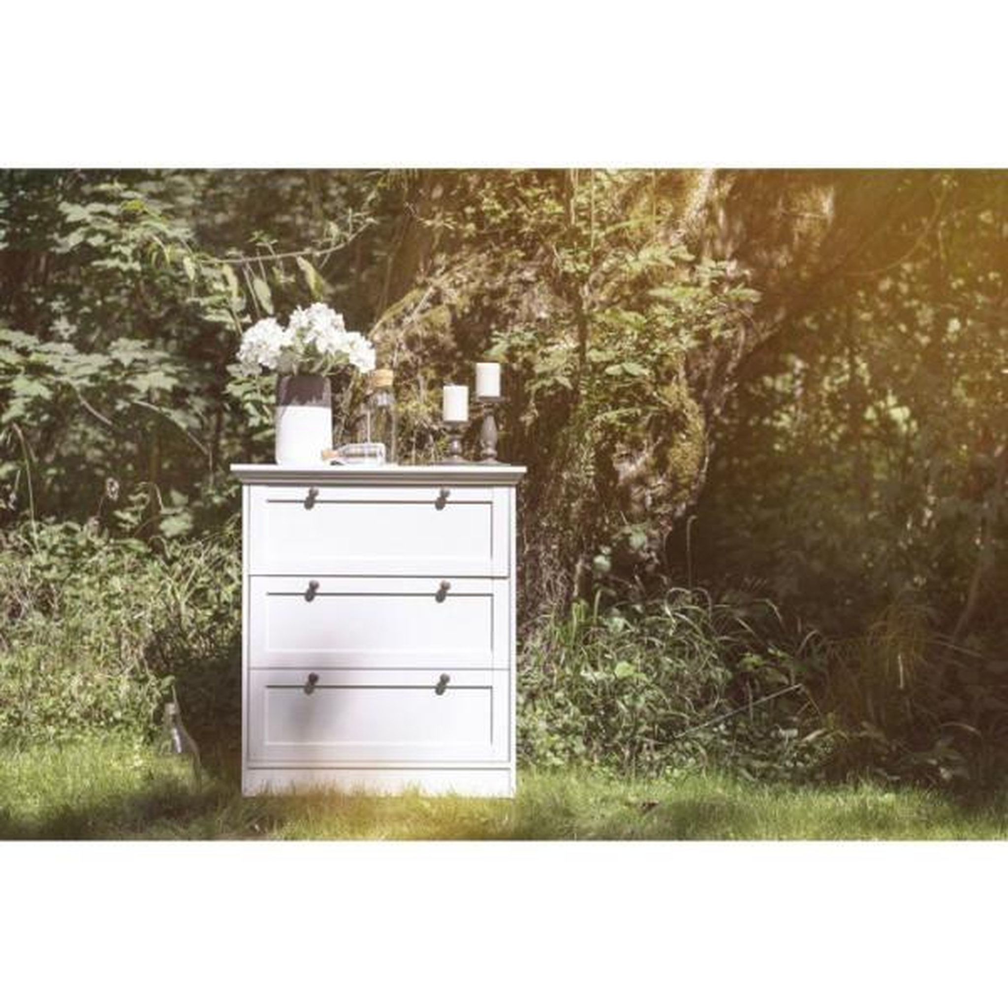 Voir la diapositive 4 : MARKET24 Commode LANDWOOD 3 Tiroirs - Décor blanc - Style campagne - L80 x P45 x H90 cm