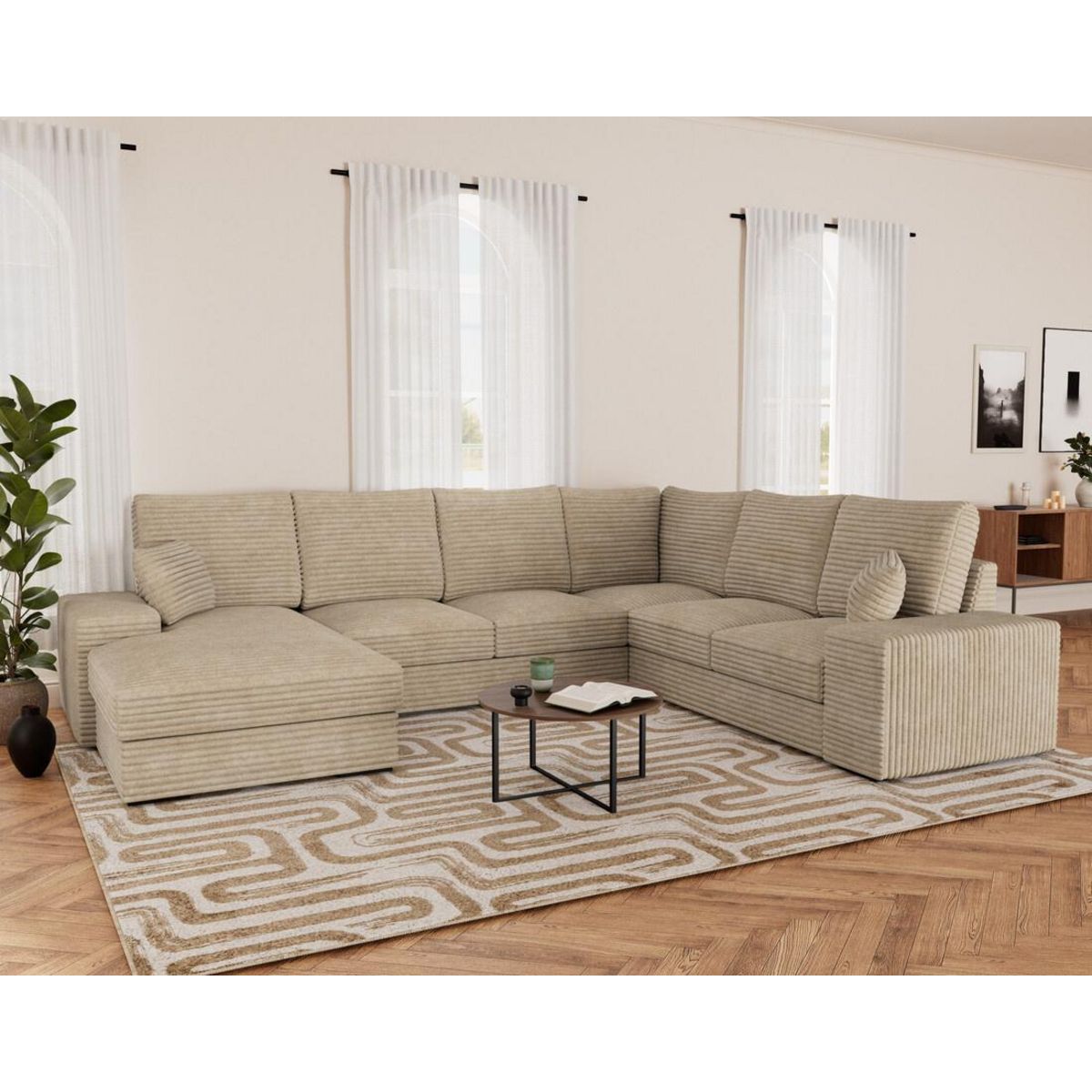 BEST MOBILIER Lorie - canapé panoramique d'angle droit 7 places convertible en velours côtelé grosse côte avec coffre