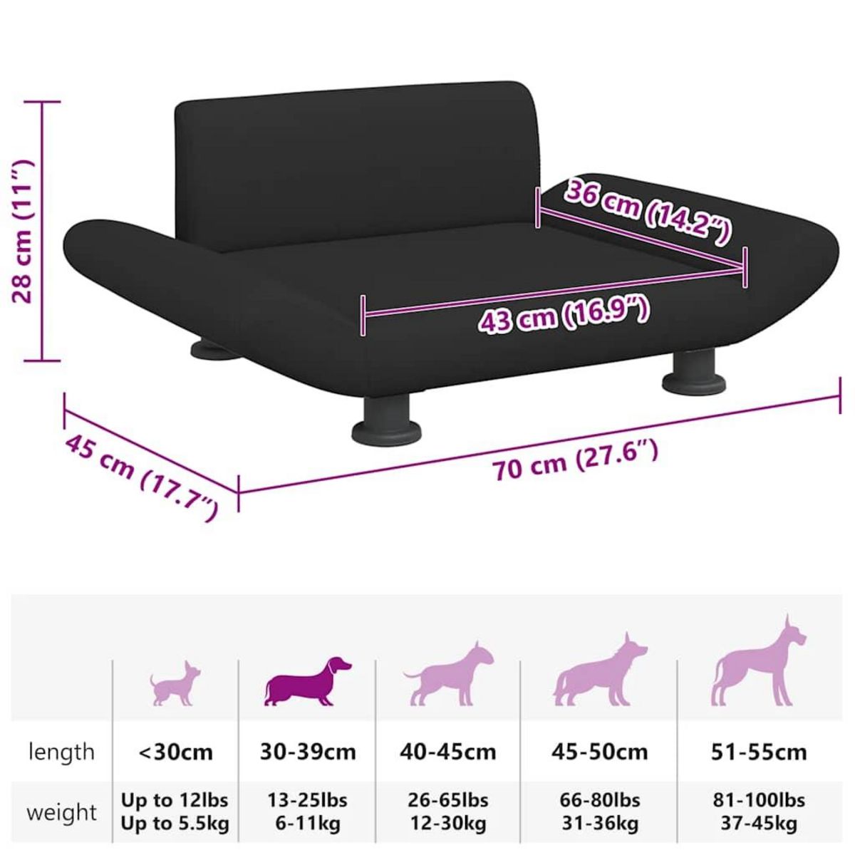 VIDAXL Lit pour chien noir 70x45x28 cm tissu