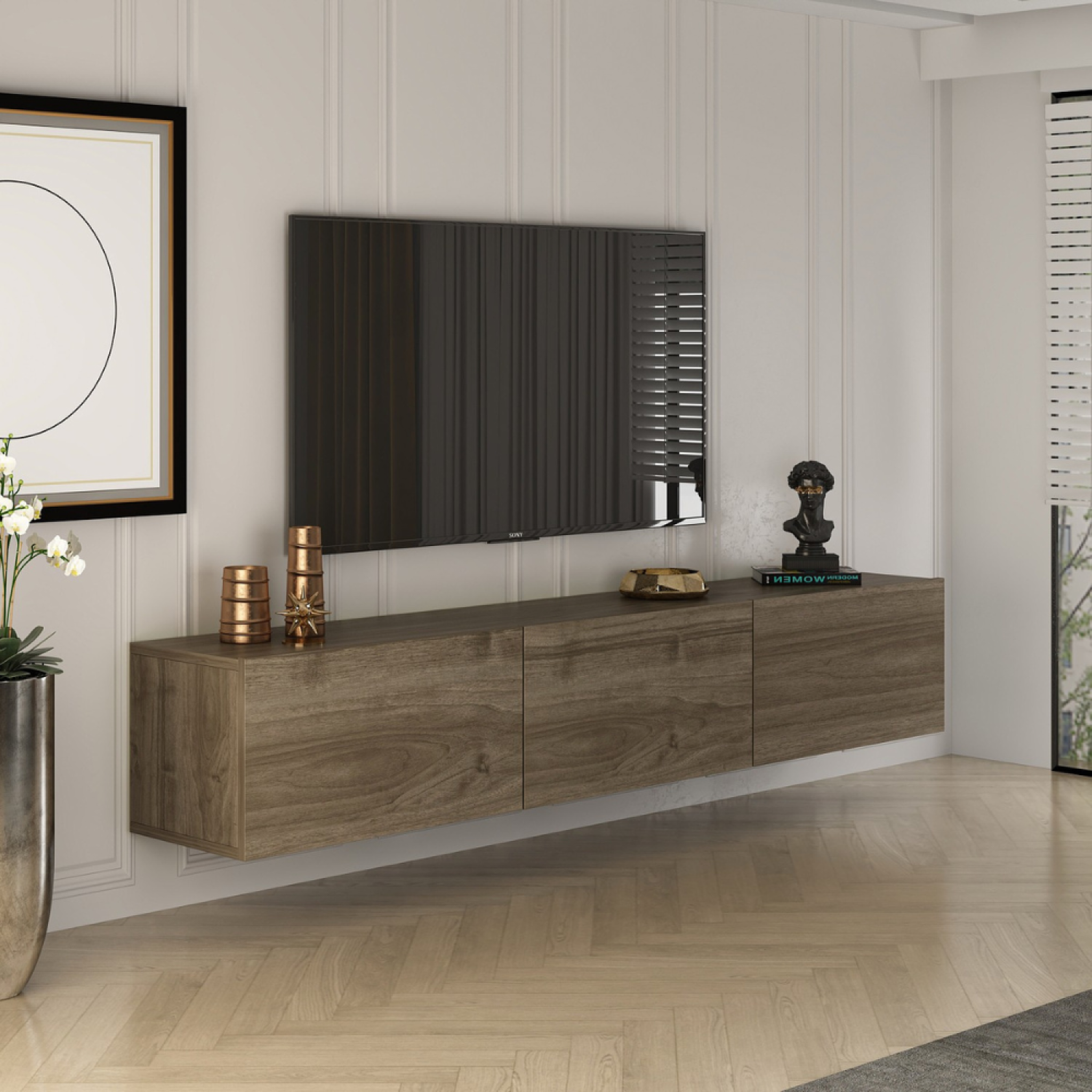 Voir la diapositive 2 : CONCEPT USINE Meuble tv suspendu avec placards 150cm noyer hal