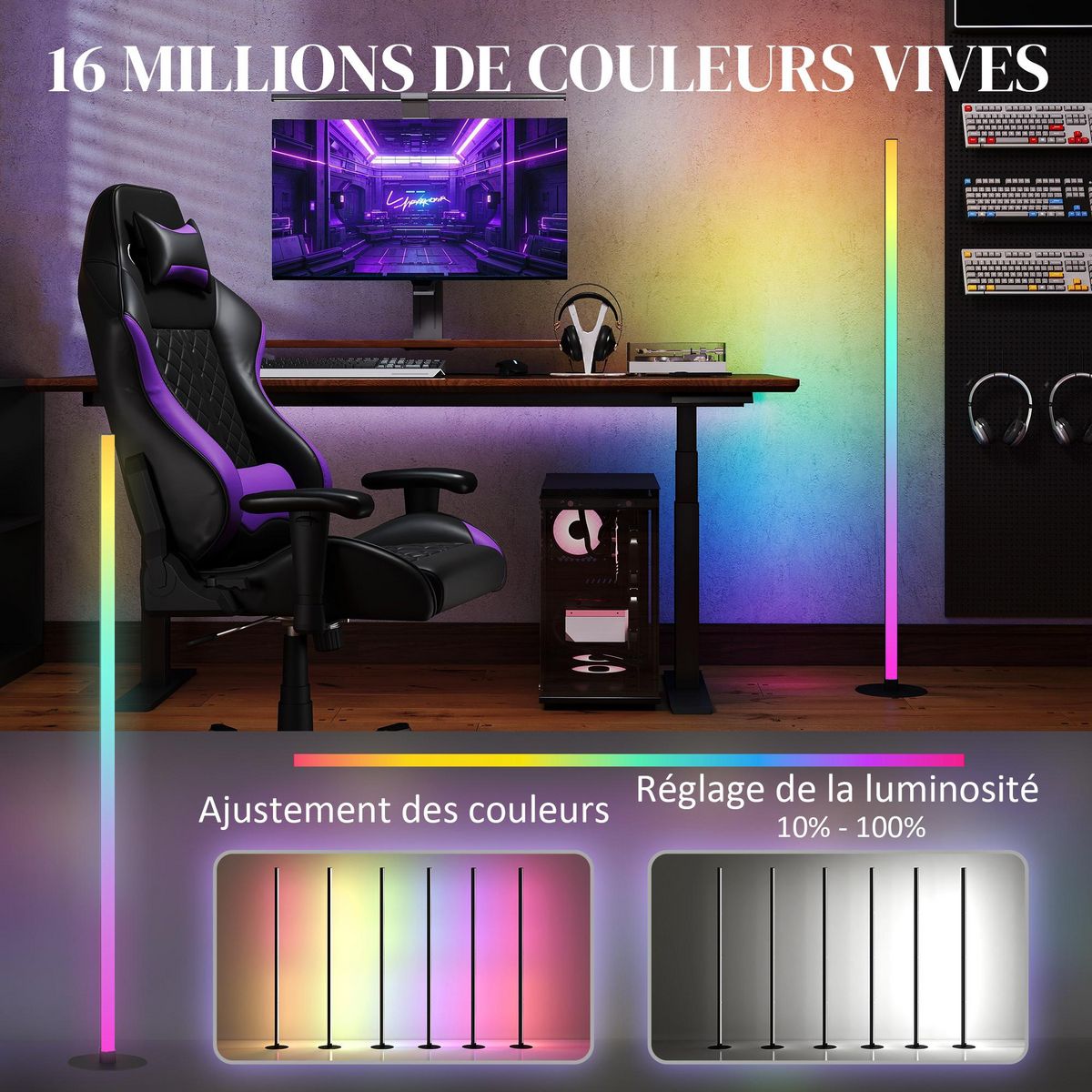HOMCOM Lampadaire LED RGBIC 16 millions de couleurs avec contrôle APP et télécommande - musique sync, modes de scène et timer