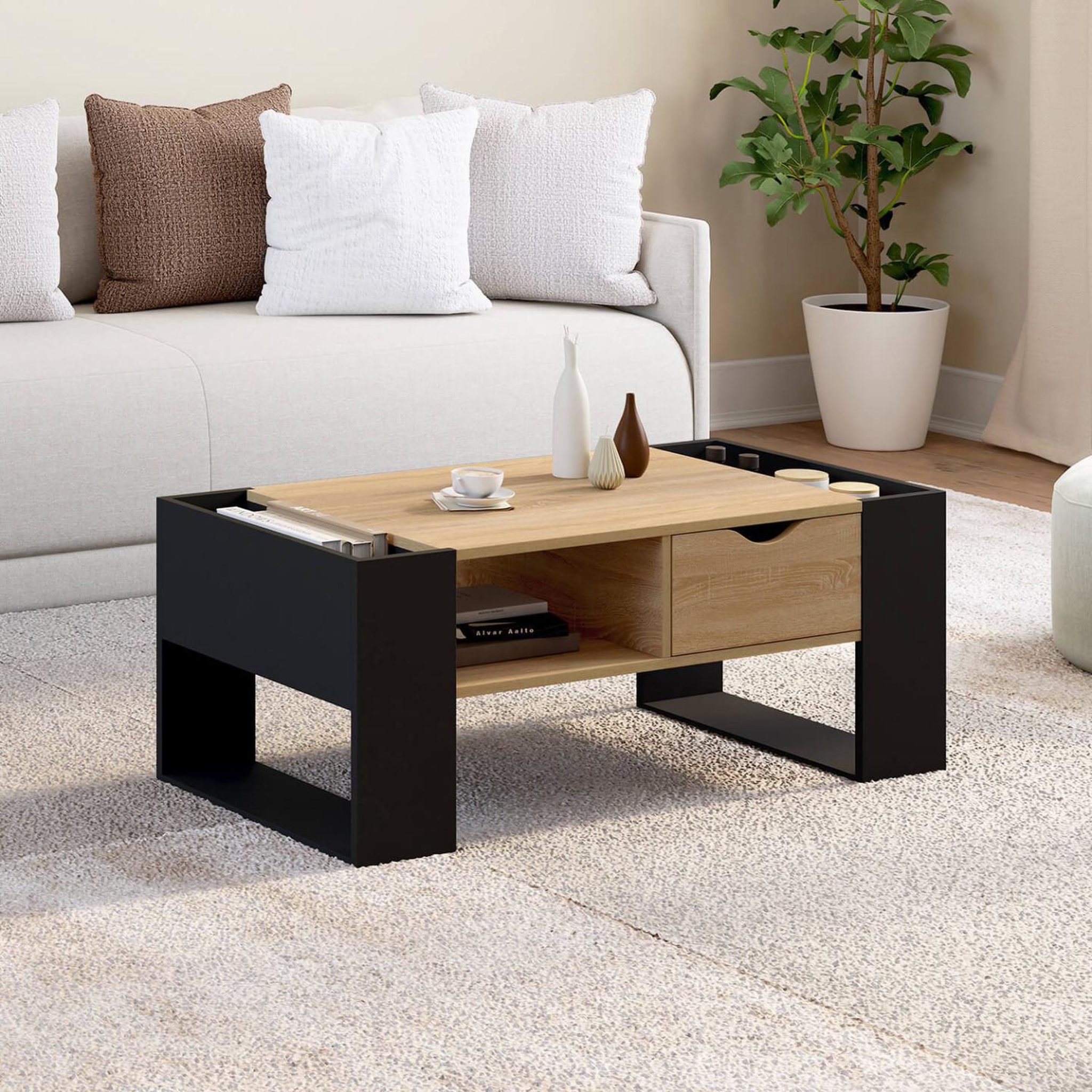 Voir la diapositive 2 : ID MARKET Table basse rectangulaire beryl avec tiroir bois noir et façon hêtre