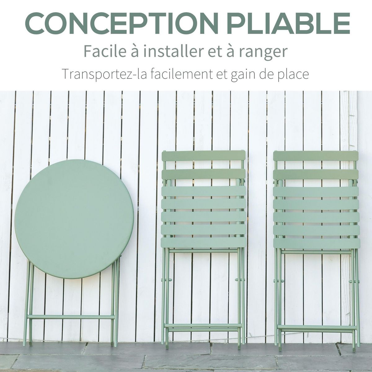 OUTSUNNY Salon de jardin bistro pliable - table ronde Ø 60 cm avec 2 chaises pliantes - métal thermolaqué vert d'eau