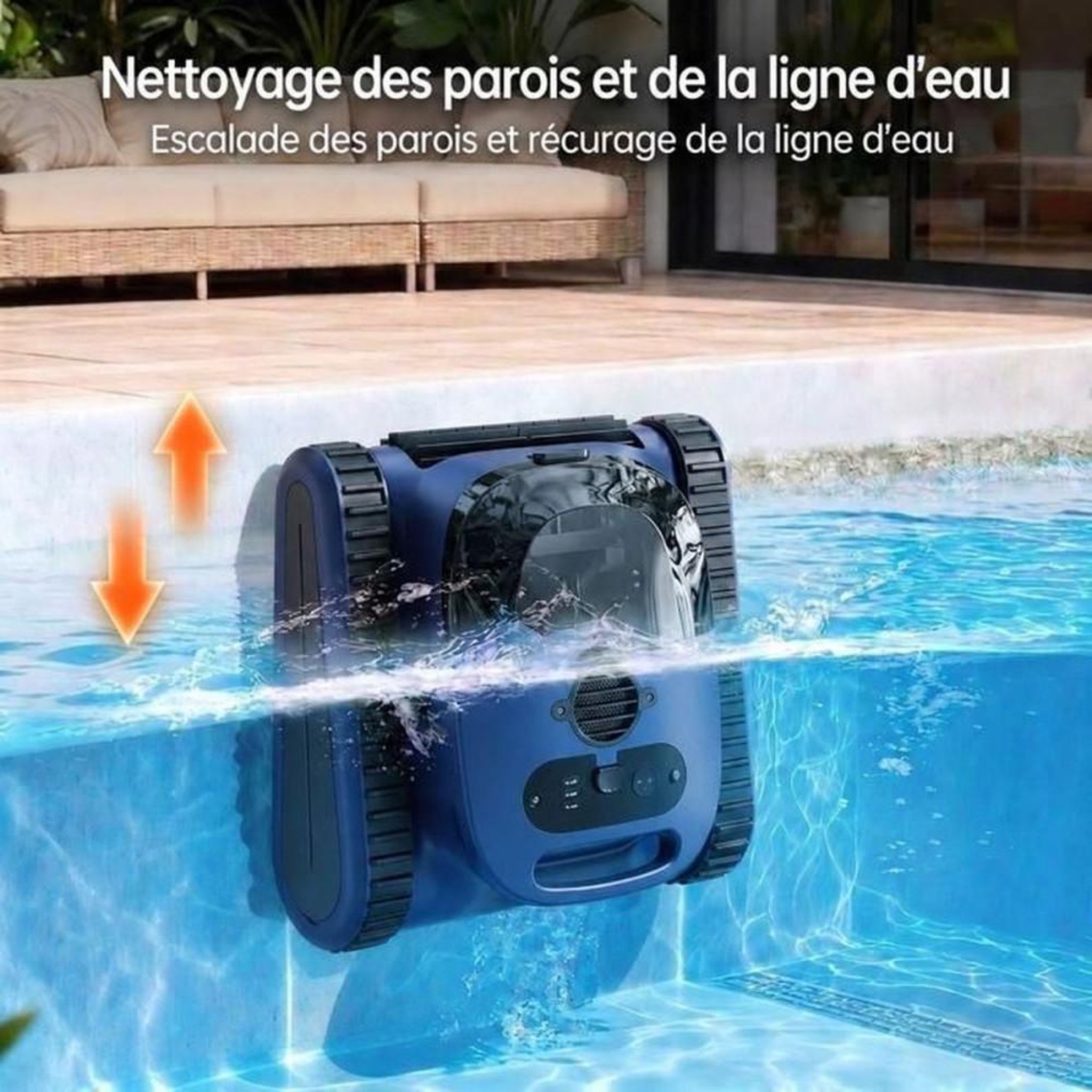 Voir la diapositive 6 : Nettoyeur de piscine robot sans fil, sols parois et marches, commande via appli, 180 min d'autonomie, jusqu'à 200 m²