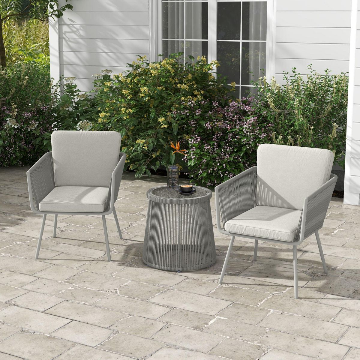OUTSUNNY Ensemble salon de jardin 3 pièces style colonial 2 fauteuils avec coussins + table basse résine filaire gris