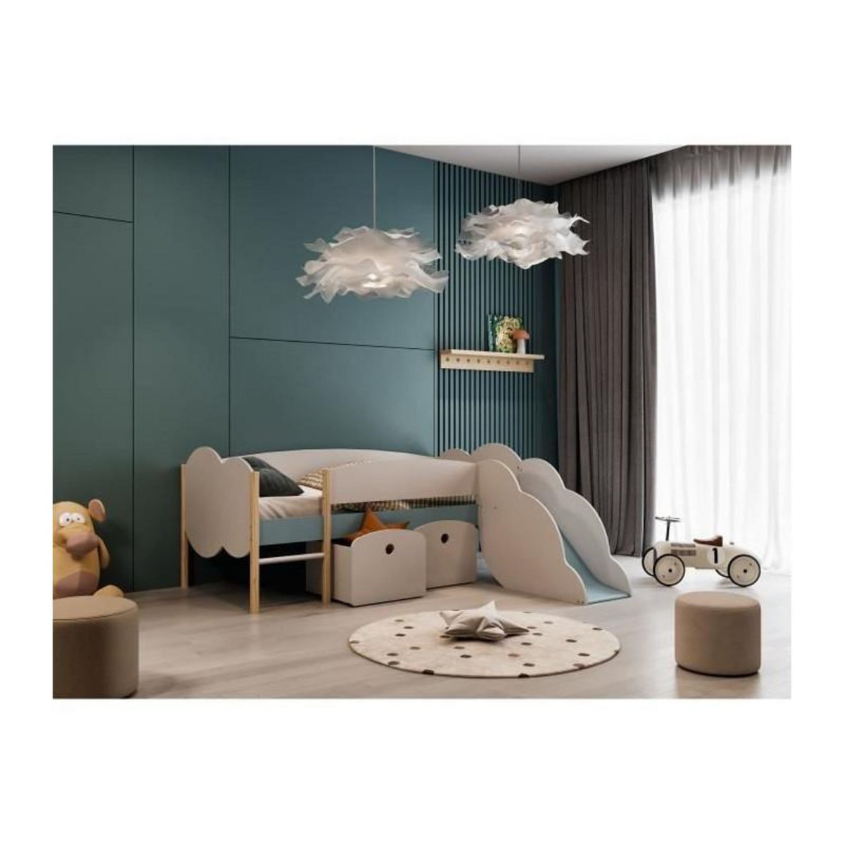 Demeyere DEMEYERE Lit toboggan - 90 x 200 cm - Sommier a lattes - 2 Tirroirs - Décor blanc et bleu orage