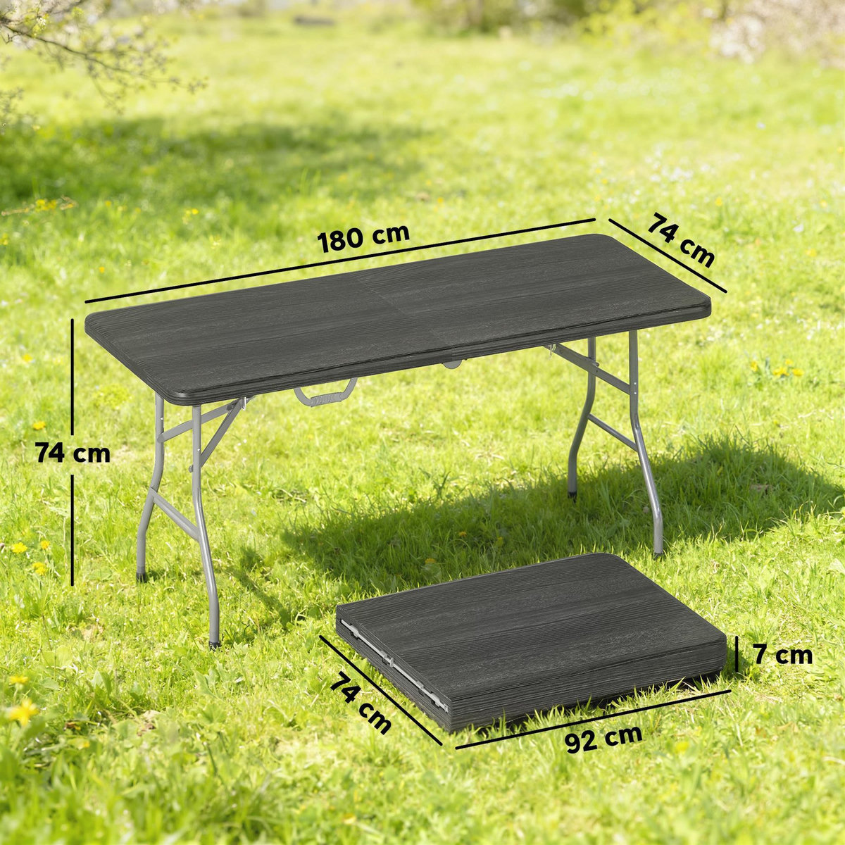 OUTSUNNY Table pliante de camping jardin dim. 180 x 74 x 74 cm avec poignée métal époxy gris HDPE noir