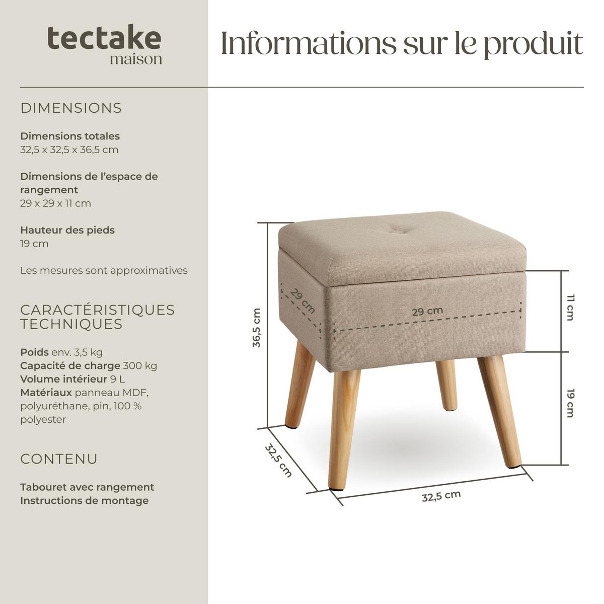 tectake Pouf avec espace de rangement carré sable
