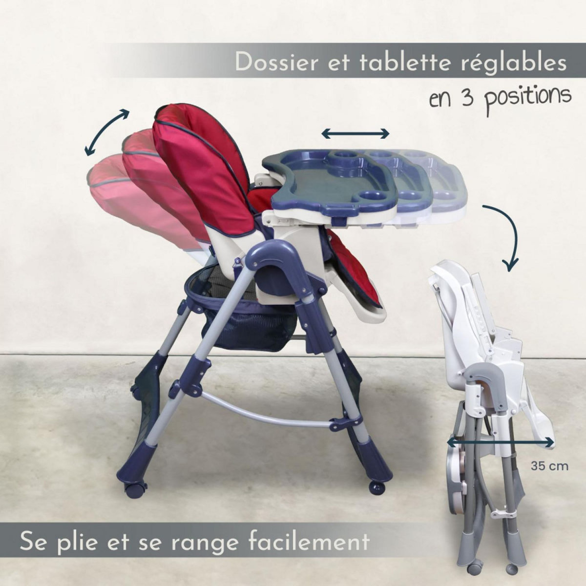 Monsieur Bébé Chaise haute bébé pliable réglable hauteur dossier tablette - Ptit
