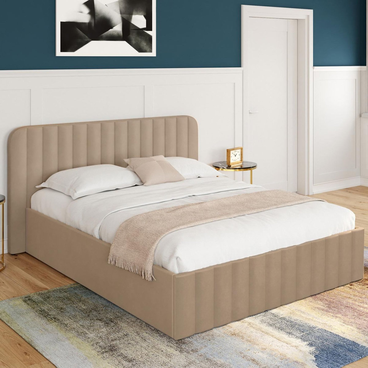 ID MARKET Lit coffre double ALBA avec tête de lit et sommier 140 x 190 cm velours taupe