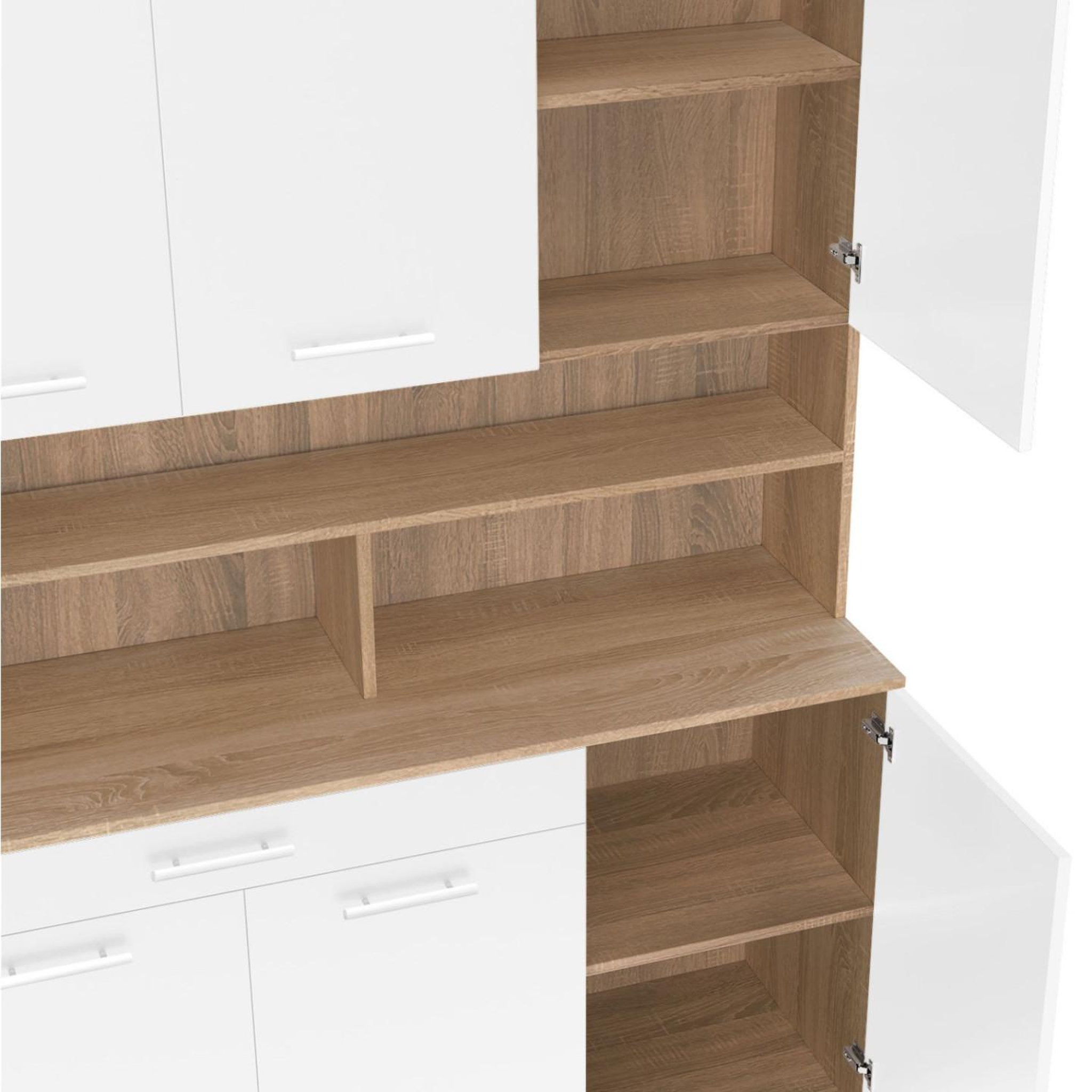 Voir la diapositive 6 : ID MARKET Buffet de cuisine 120 cm cina 6 portes + tiroir façon hêtre et blanc
