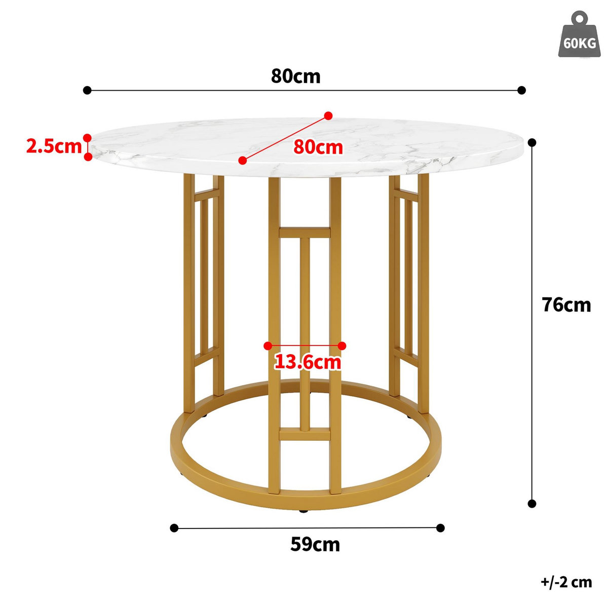MERAX Table à manger ronde fixe blanc+doré - 80x80-80max.cm mdf