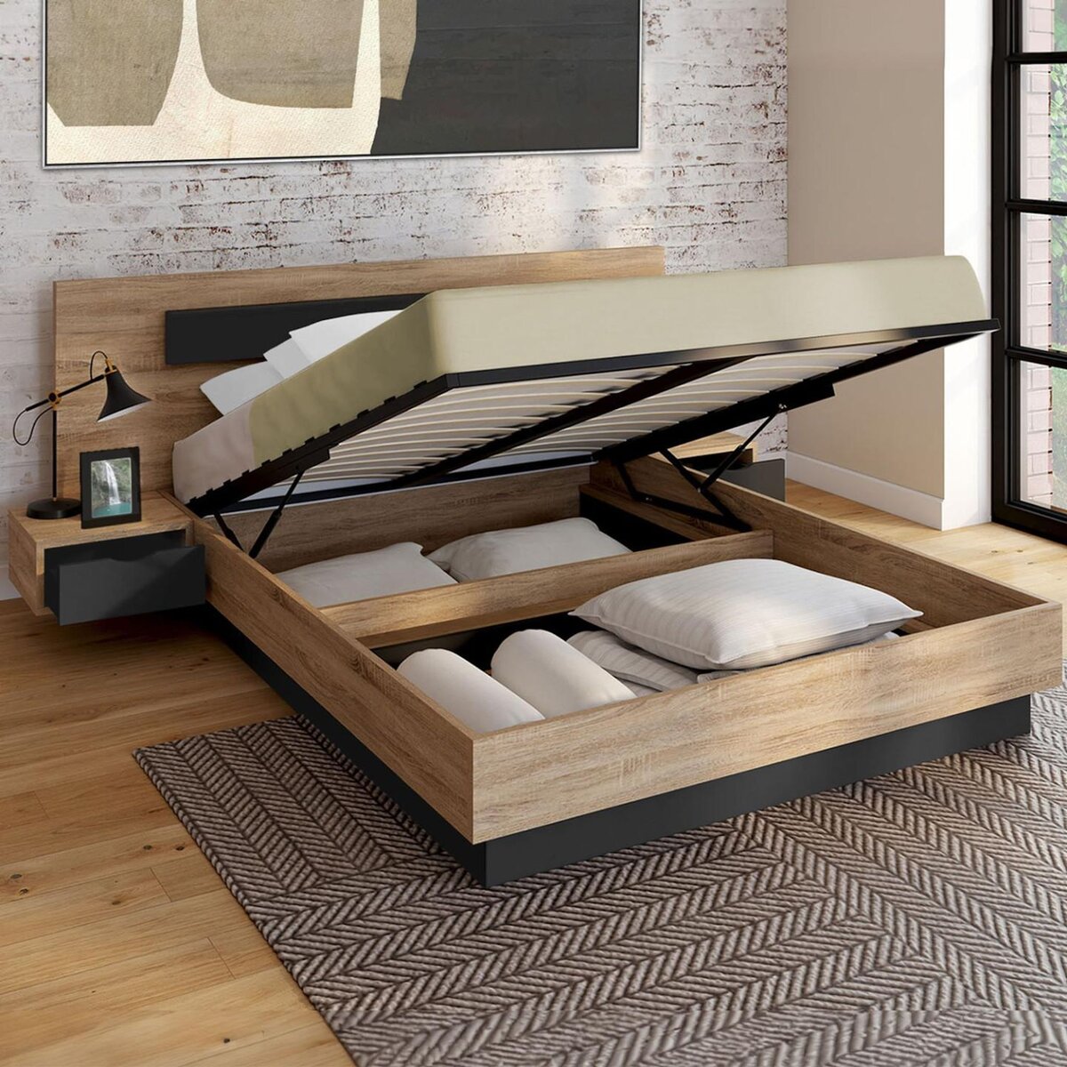 ID MARKET Lit coffre double SANTA avec tête de lit + tables de chevets intégrées et sommier 140 x 190 cm bois et noir