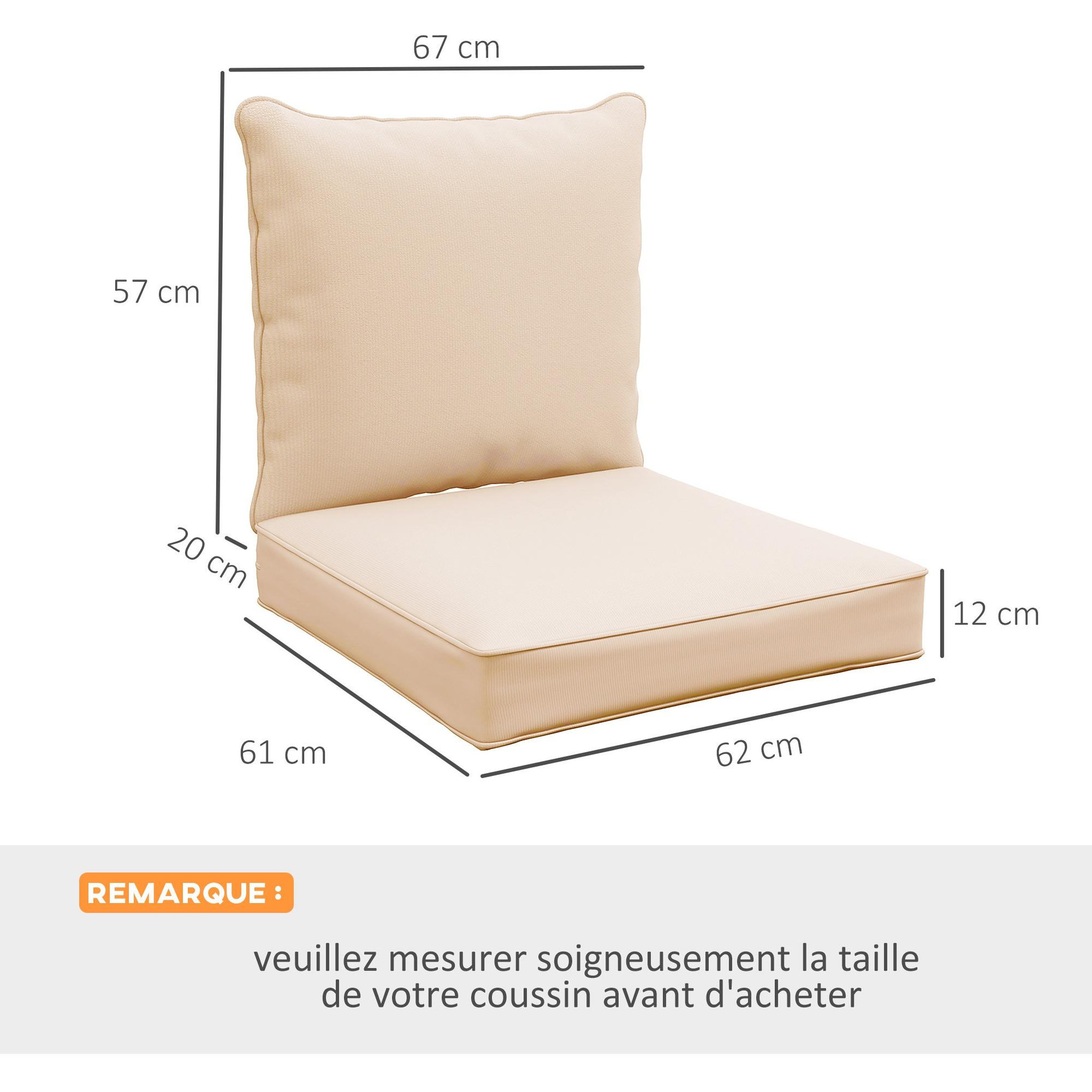 Voir la diapositive 3 : OUTSUNNY Lot de 2 coussins matelas assise dossier pour chaise de jardin fauteuil polyester beige