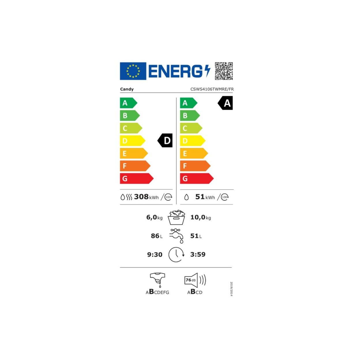 Candy Lave-linge séchant frontal 10/6 kg 1400 tours/min - CSWS4106TWMRE/FR