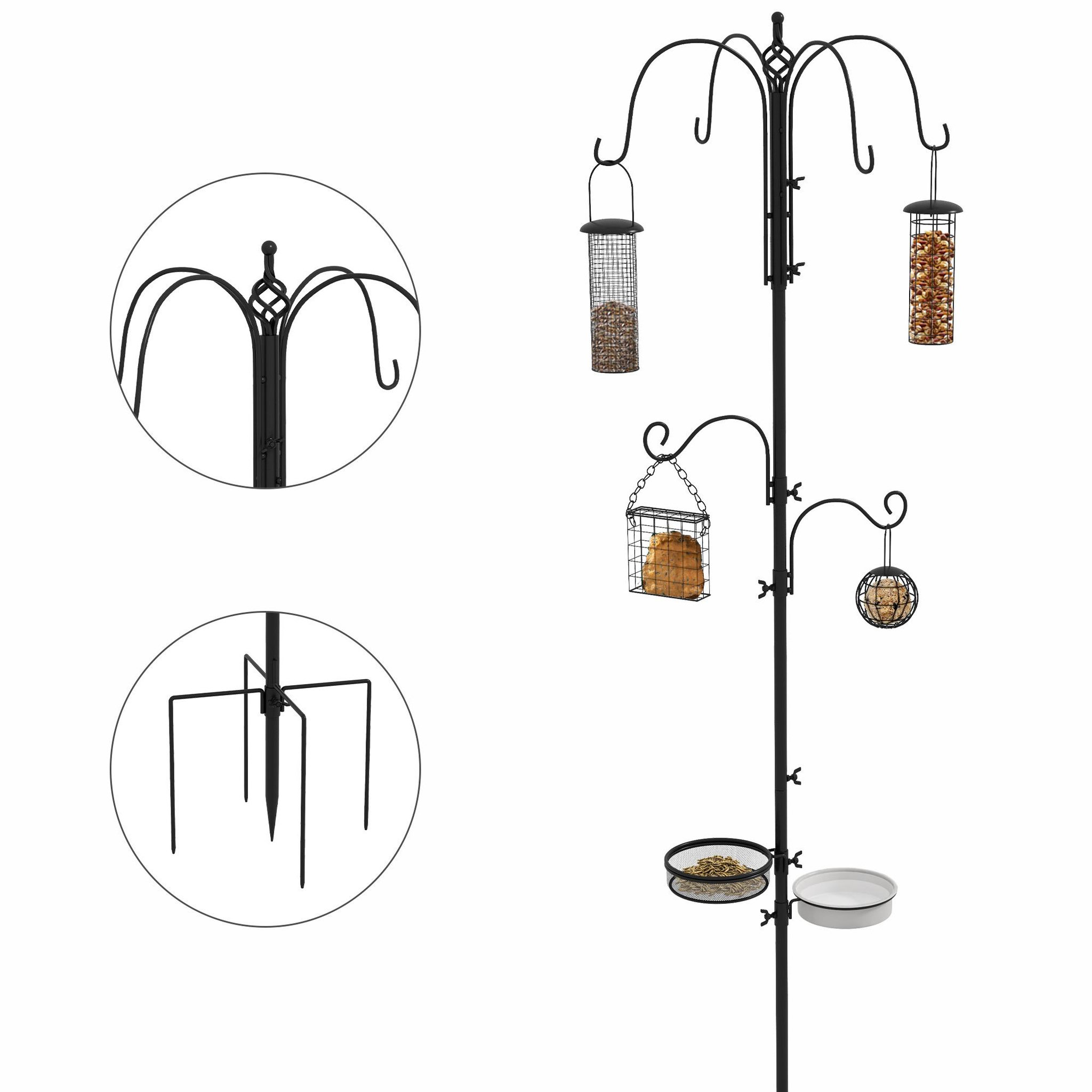 PAWHUT Mangeoire à oiseaux complet H.2,26 m style rustique chic - 6 crochets réglables, 4 mangeoires, plateau d'alimentation, grand bain, 4 piquets d'ancrage au sol - acier époxy aspect fer forgé