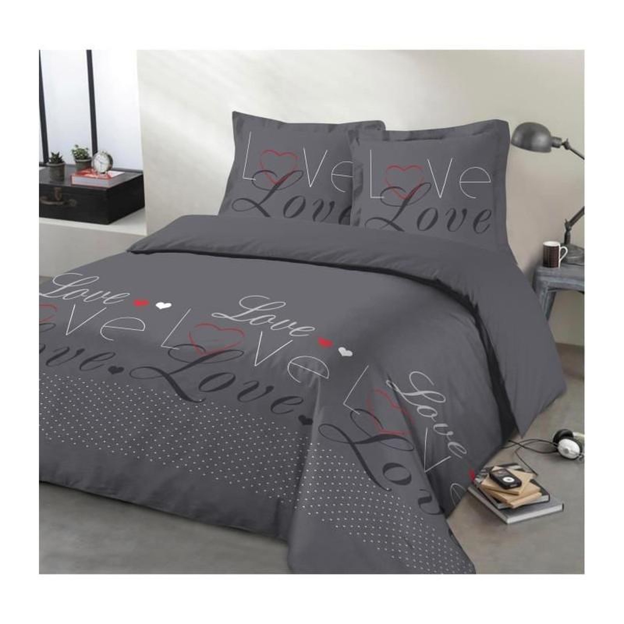 VISION VISION Parure de couette Love - 100% coton - 1 housse de couette 200 x 200 cm + 2 taies d'oreiller 65 x 65 cm - Gris anthracite