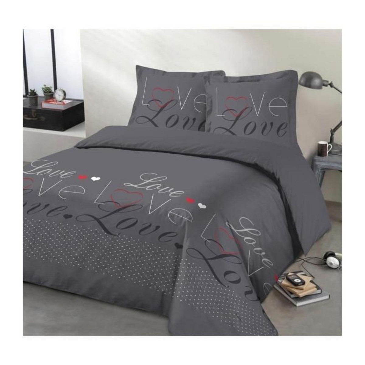 VISION VISION Parure de couette Love - 100% coton - 1 housse de couette 200 x 200 cm + 2 taies d'oreiller 65 x 65 cm - Gris anthracite