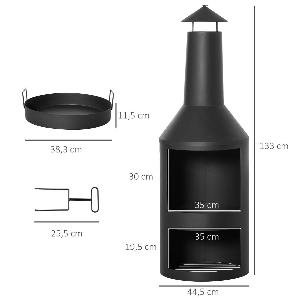 OUTSUNNY Brasero cheminée d'extérieur H.133 Ø 45 cm tisonnier large foyer - espace de rangement pour bûches - métal noir