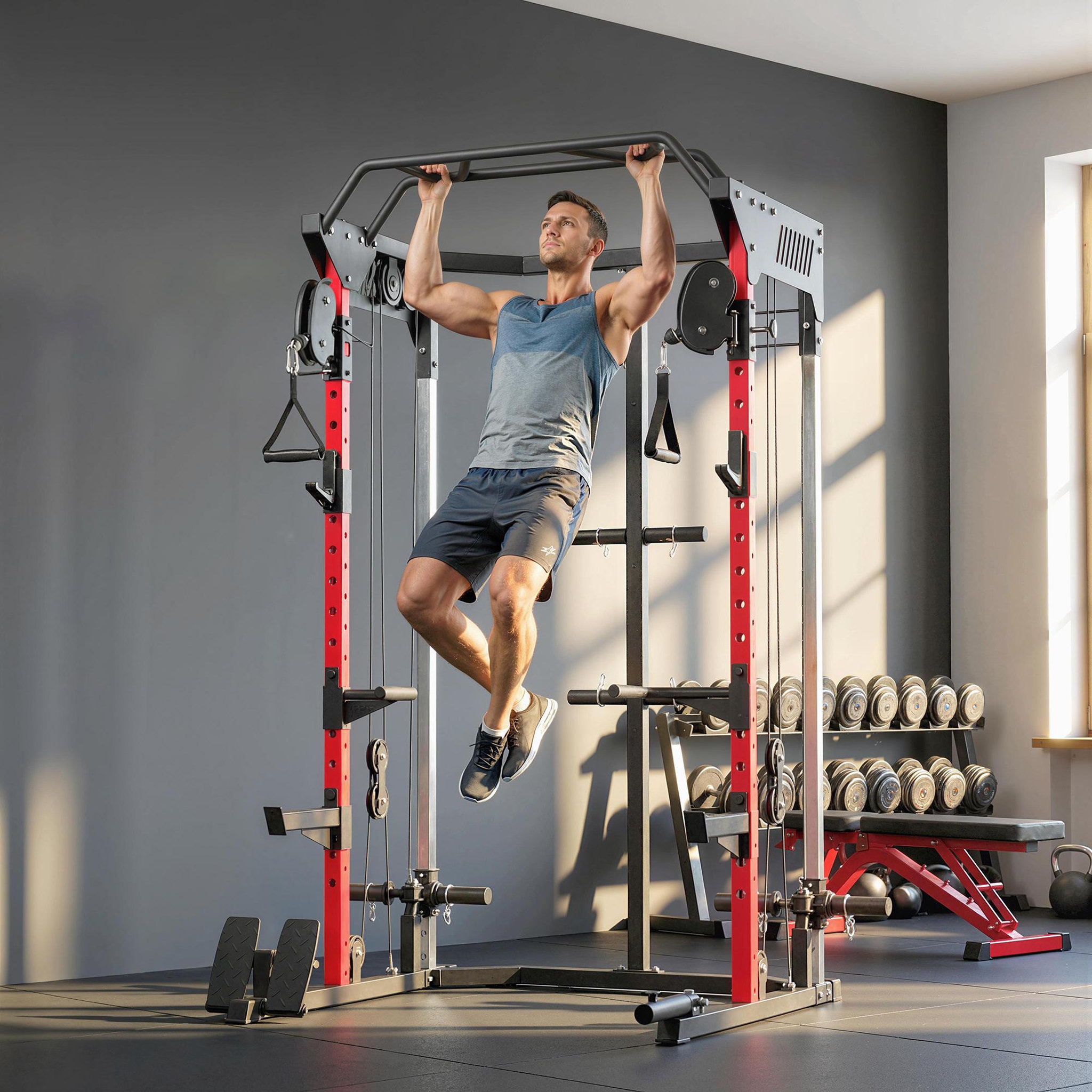 Voir la diapositive 2 : HOMCOM Station de musculation - power rack 900kg double poulie réglable 19 niveaux - acier - 168x128x215cm -noir