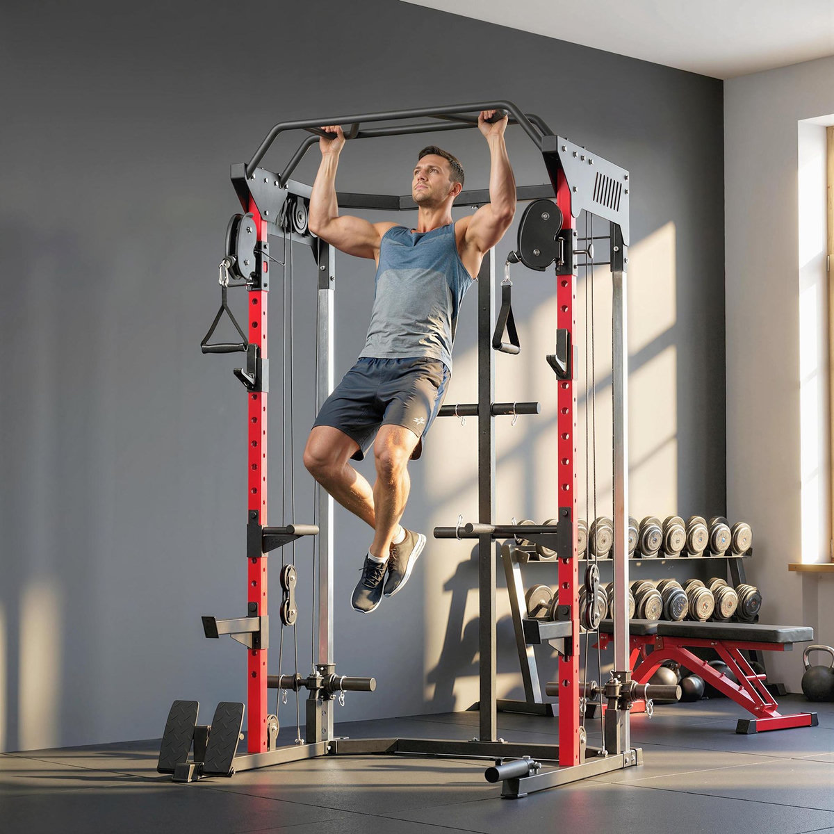 HOMCOM Station de musculation - power rack 900kg double poulie réglable 19 niveaux - acier - 168x128x215cm -noir