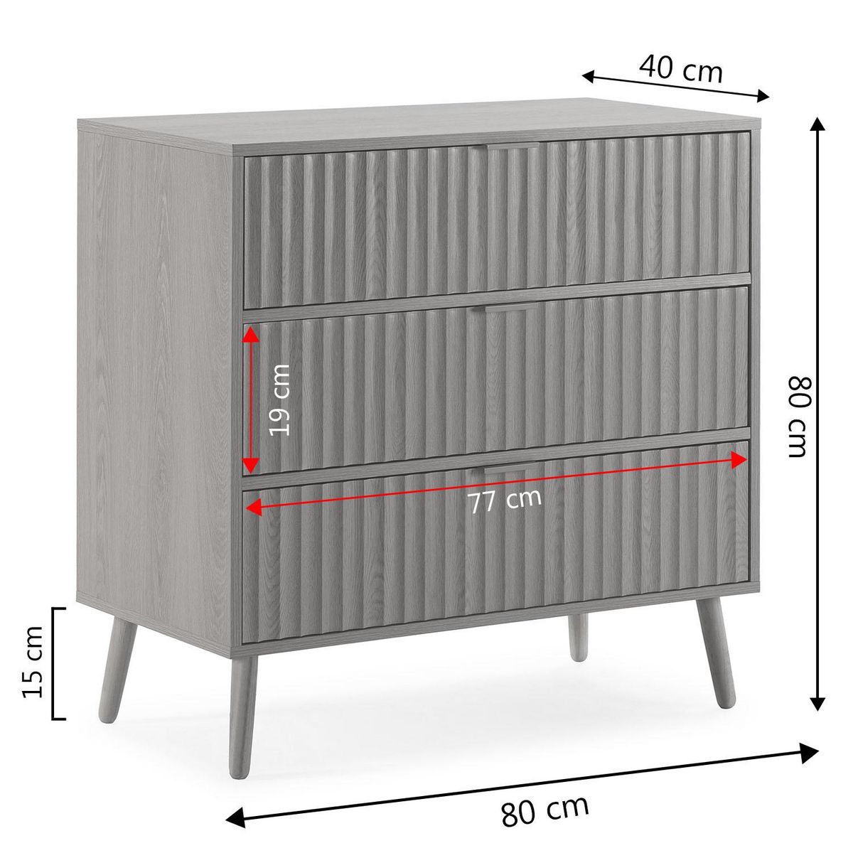VS VENTA-STOCK Commode de nuit Lluvia 3 tiroirs coloris chêne, largeur 80 cm