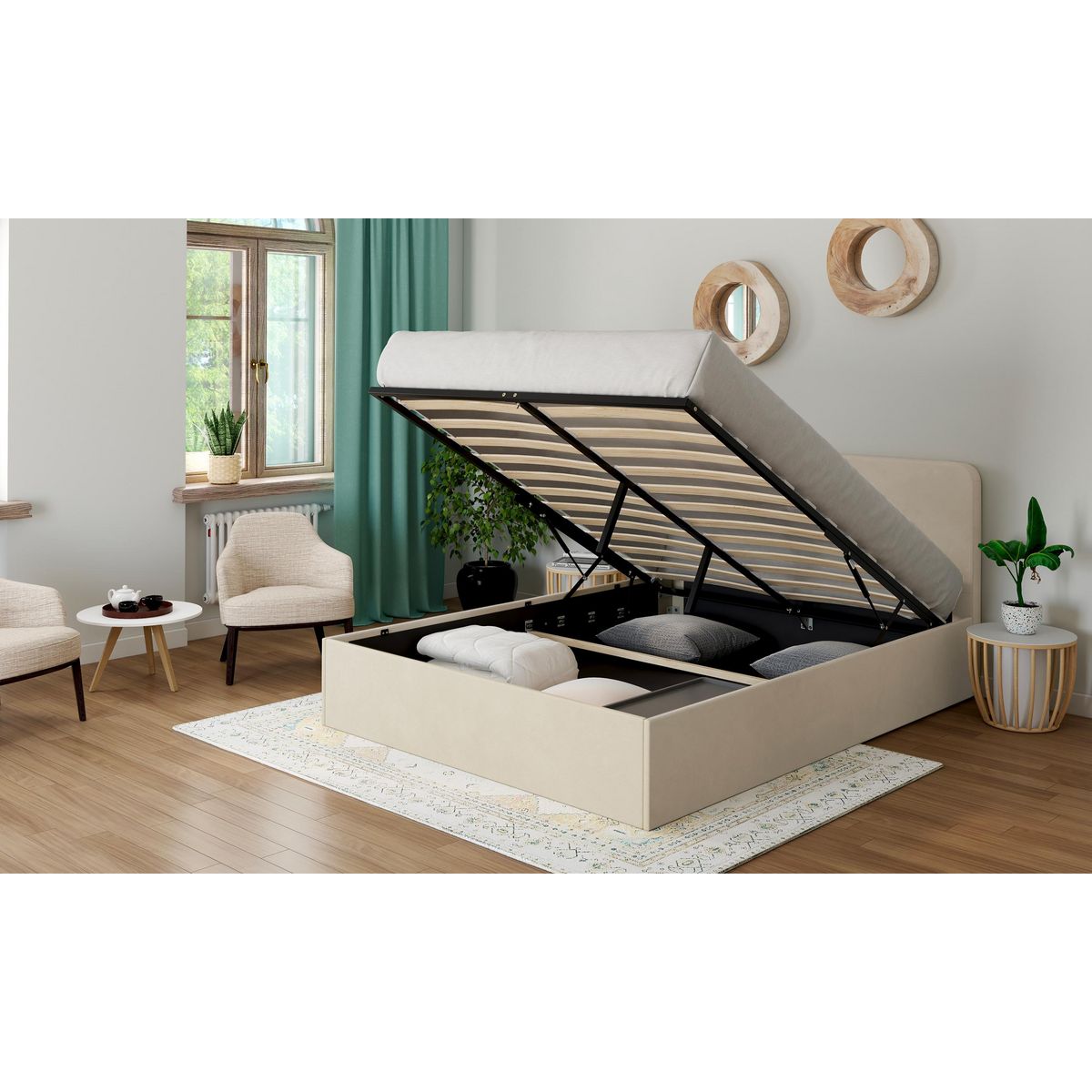 Lit coffre velours avec sommier relevable 140x190 cm AMBRE