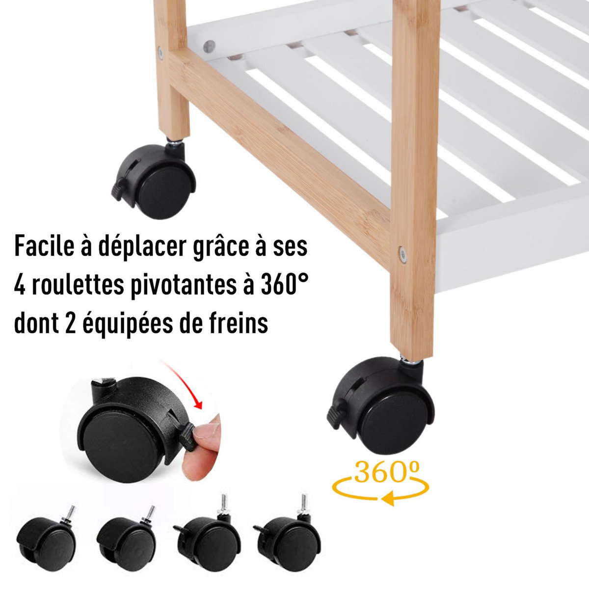 HOMCOM Chariot de service desserte de cuisine à roulettes 2 étagères + plateau amovible bois de pin MDF blanc