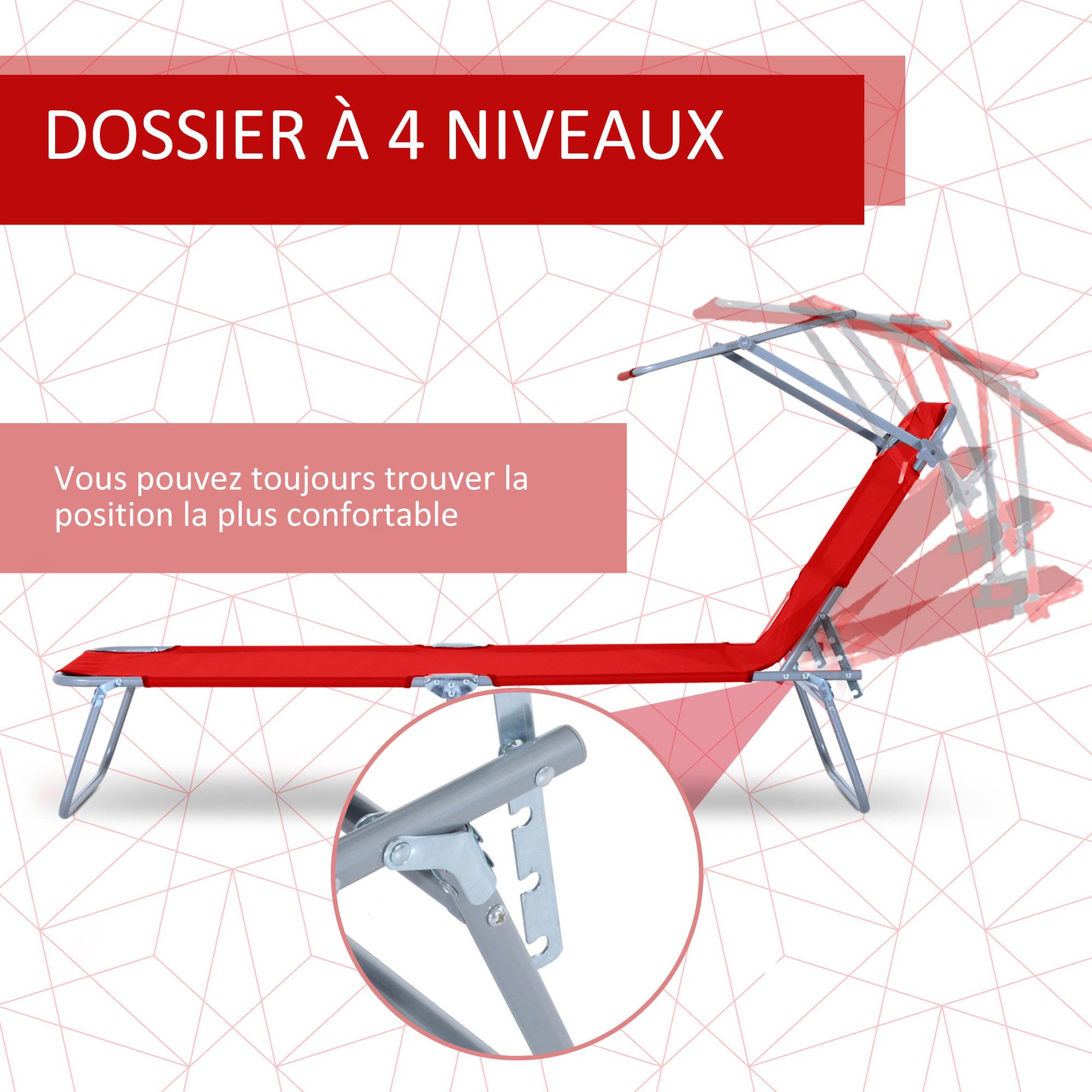 Voir la diapositive 4 : OUTSUNNY Transat bain de soleil pliable grand confort dossier et pare-soleil réglable multi-positions rouge