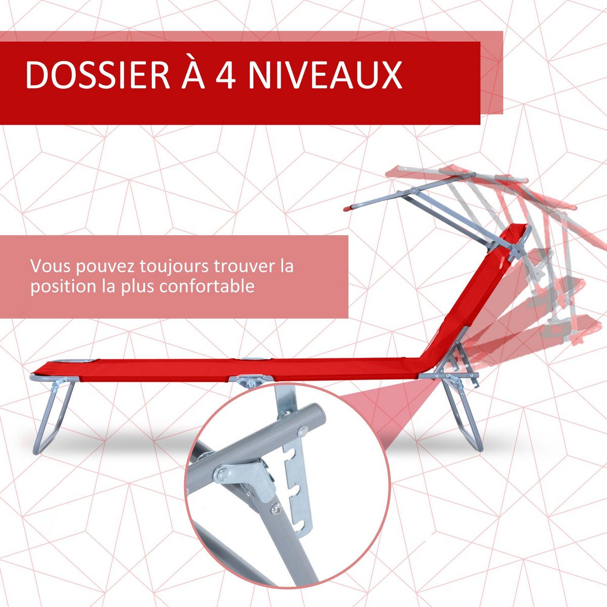 OUTSUNNY Transat bain de soleil pliable grand confort dossier et pare-soleil réglable multi-positions rouge