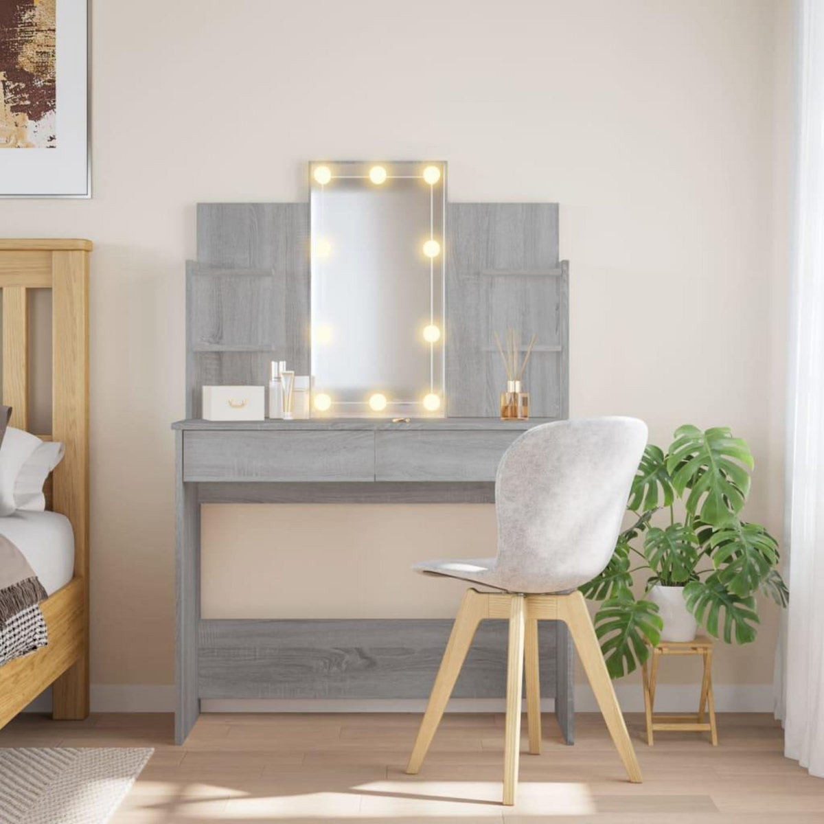 VIDAXL Coiffeuse avec lumieres LED sonoma gris 96x40x142 cm