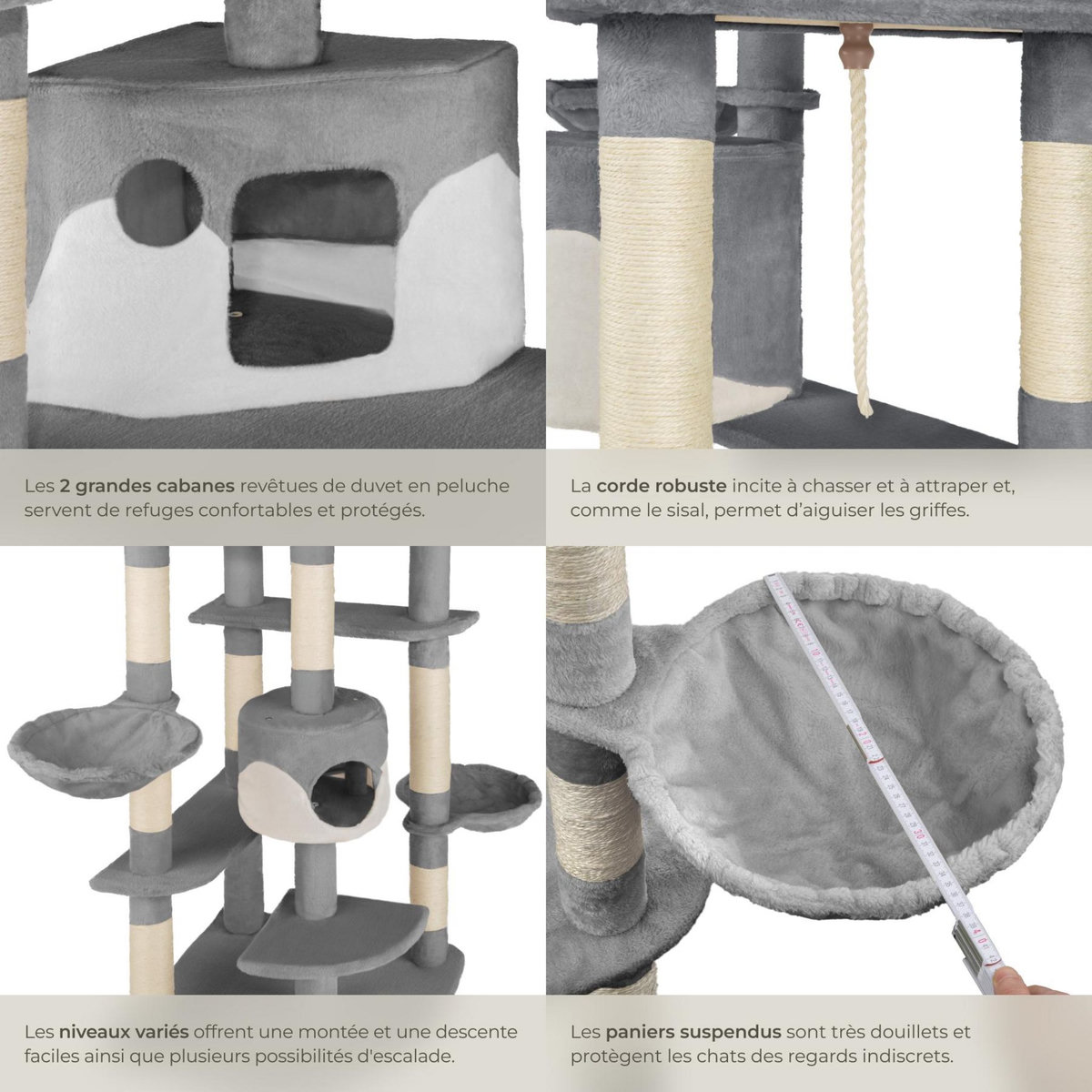 tectake Arbre à chat 201 cm avec griffoir et plateforme d'escalade gris/blanc