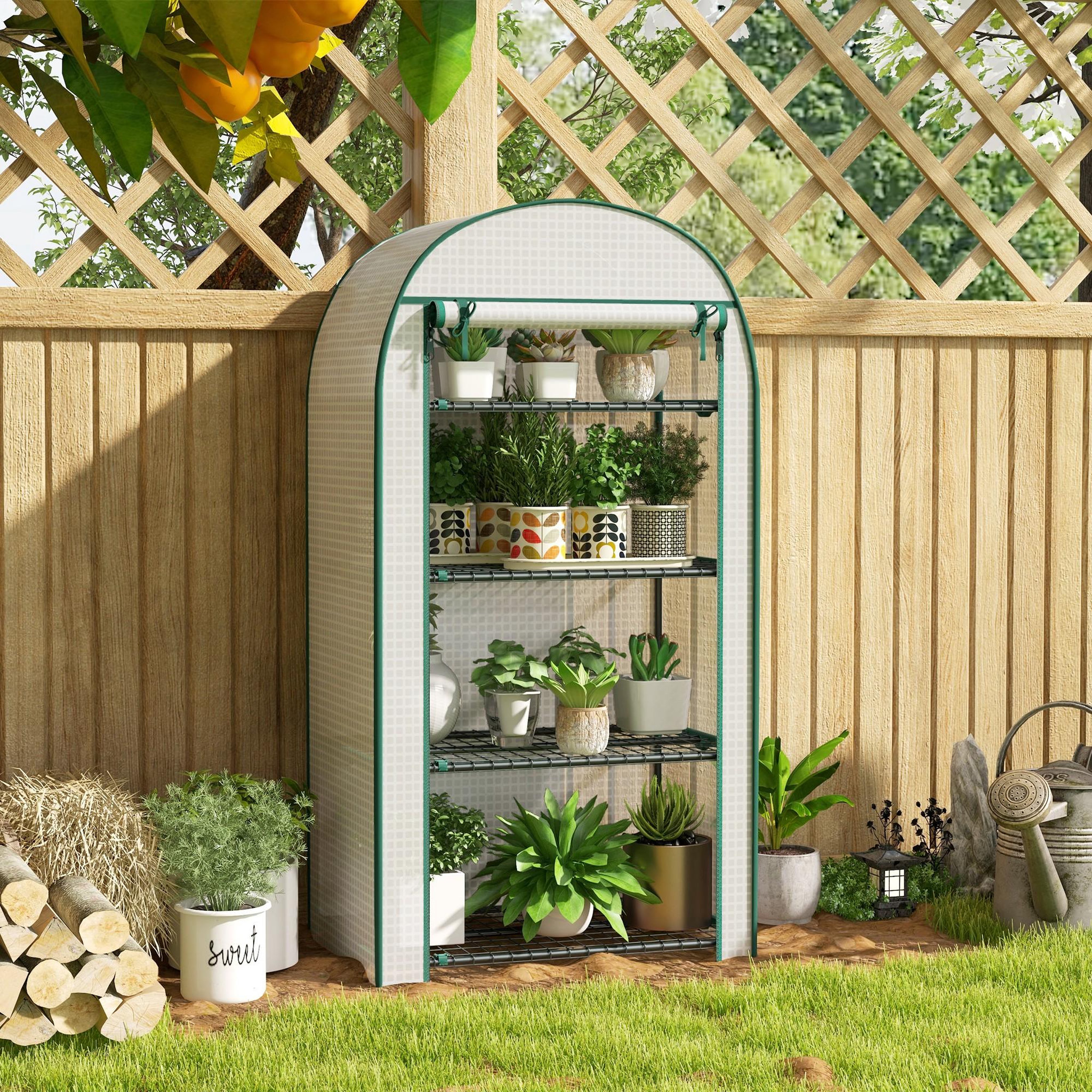 Voir la diapositive 2 : OUTSUNNY Serre de jardin serre de balcon 4 étagères métal porte zippée enroulable 80 x 49 x 160 cm pe blanc
