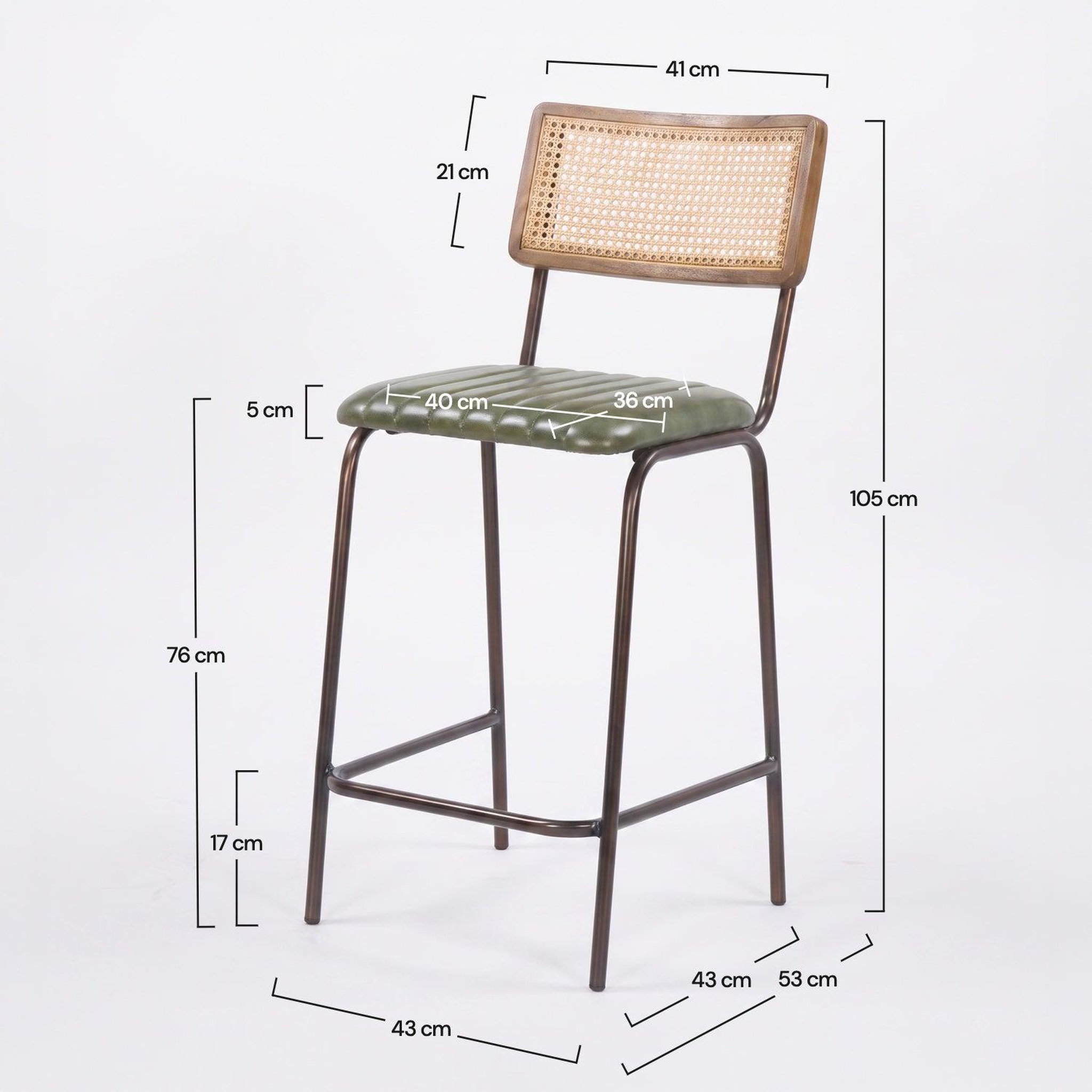 Voir la diapositive 4 : MAISON PAVANE Lot de 2 chaises de bar 76 cm en cannage et cuir vert-arsène