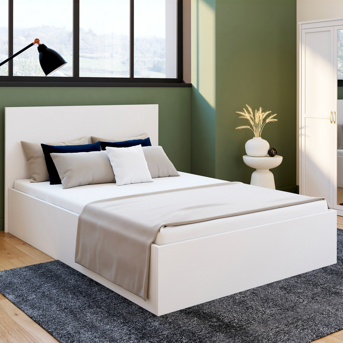 ID MARKET Lit coffre double SEASIDE avec tête de lit et sommier 140 x 190 cm blanc