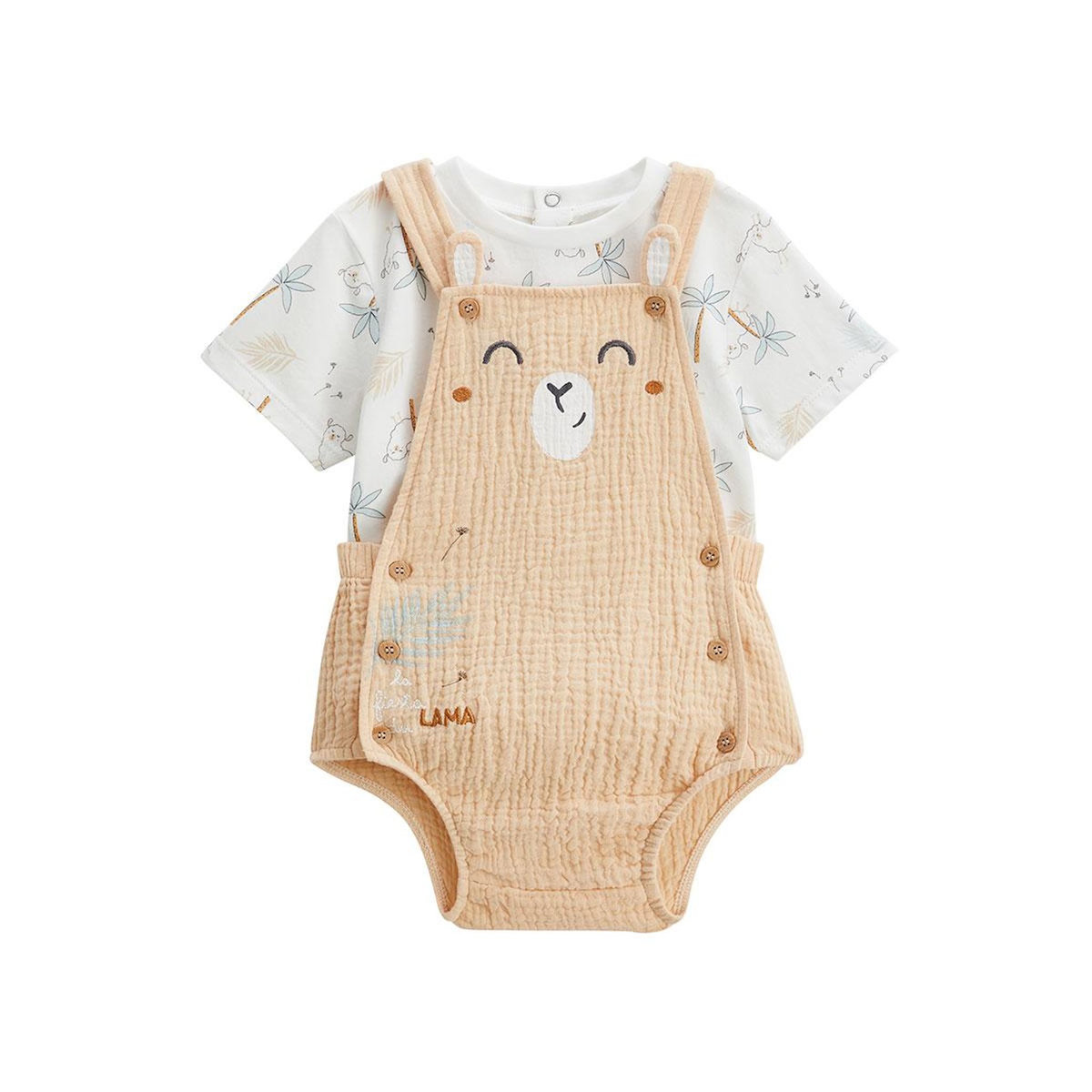 Petit Béguin Ensemble salopette bébé en gaze de coton et t-shirt Noisette