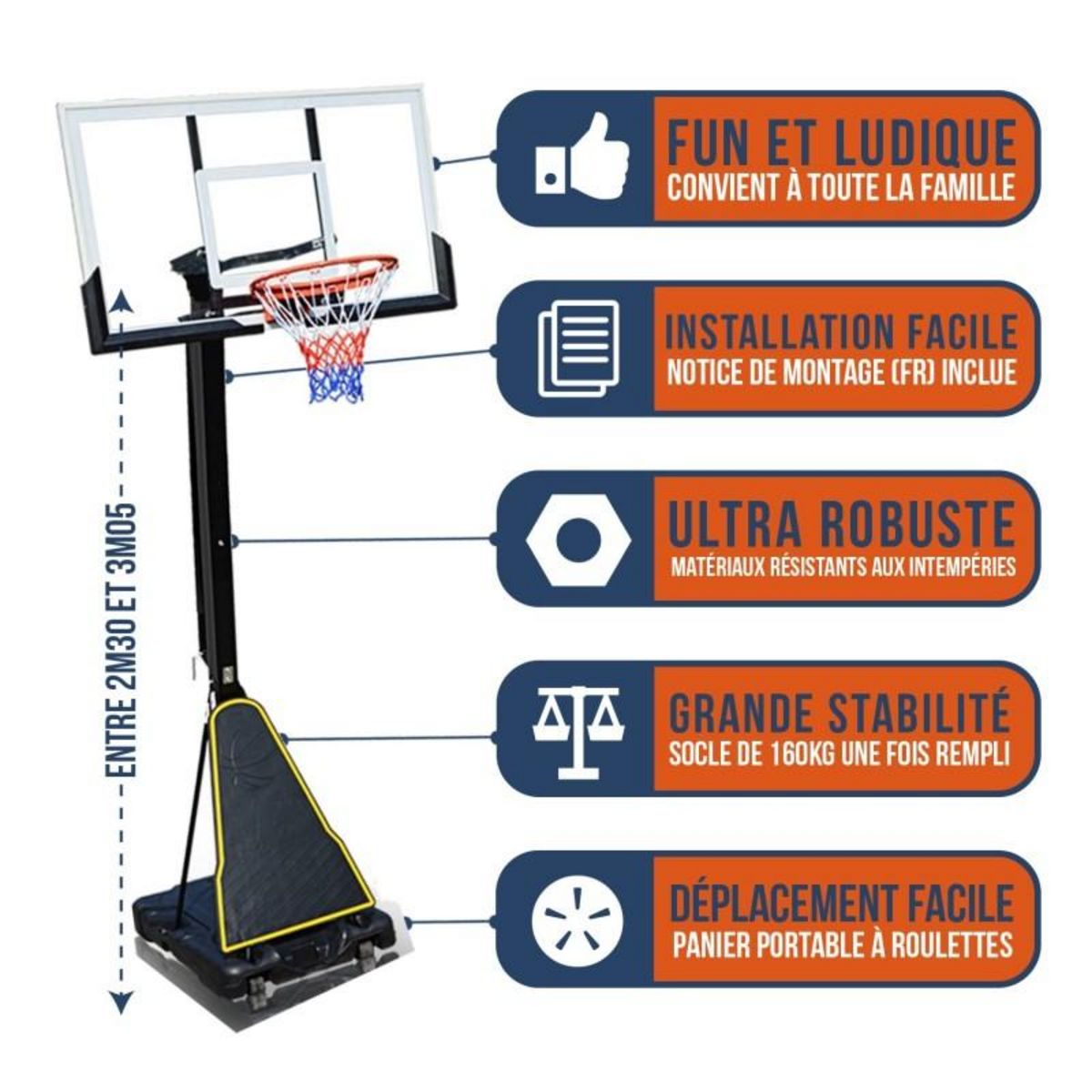 BUMBER Panier de Basket sur Pied Mobile  Cleveland  Hauteur Réglable de 2,30m à 3,05m (7,5' a 10')