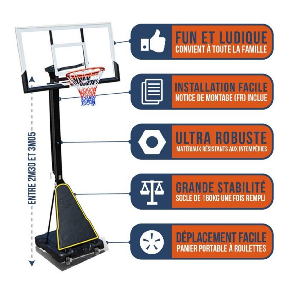 BUMBER Panier de Basket sur Pied Mobile  Cleveland  Hauteur Réglable de 2,30m à 3,05m (7,5' a 10')