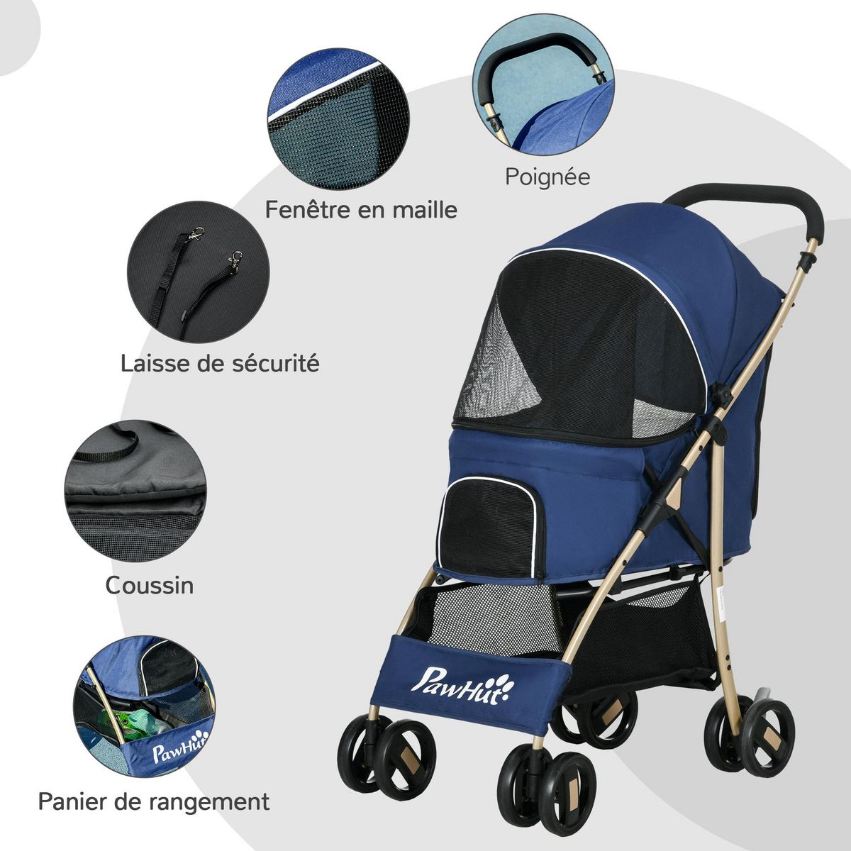 PAWHUT Poussette buggy pliable pour chien rangement laisses coussin inclus bleu