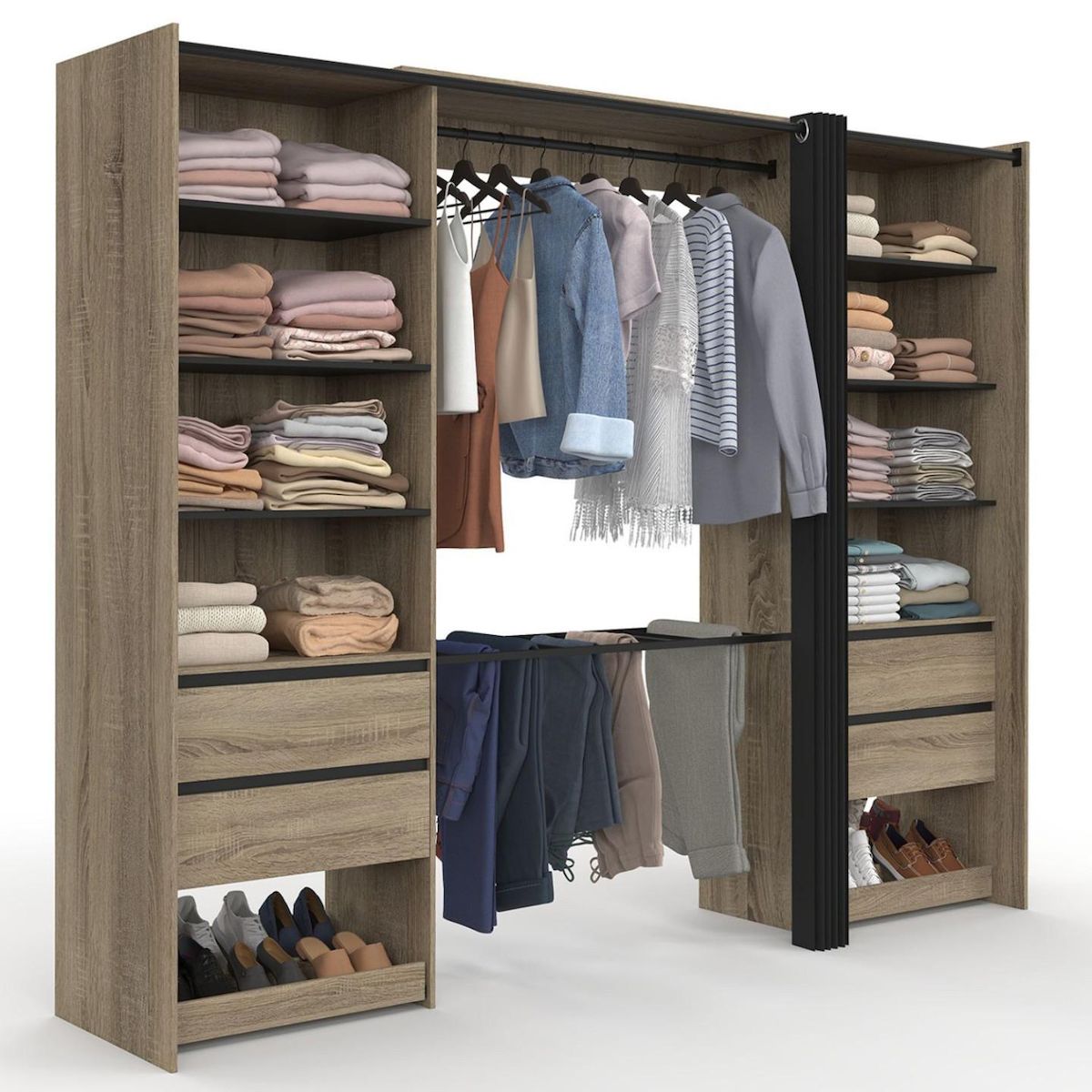 ID MARKET Dressing double XXL MERYL 220 cm hêtre avec porte pantalons + étagères + tiroirs + rangements à chaussures et noir