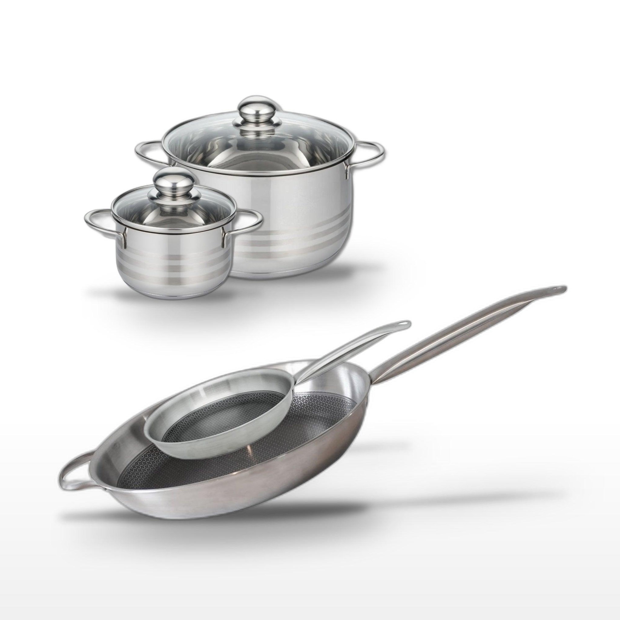 ELO Batterie de cuisine avec 2 faitouts 20/14 cm et 2 poêles de cuisson 24/32 cm en inox et sans pfas elo collection relief solution brillant