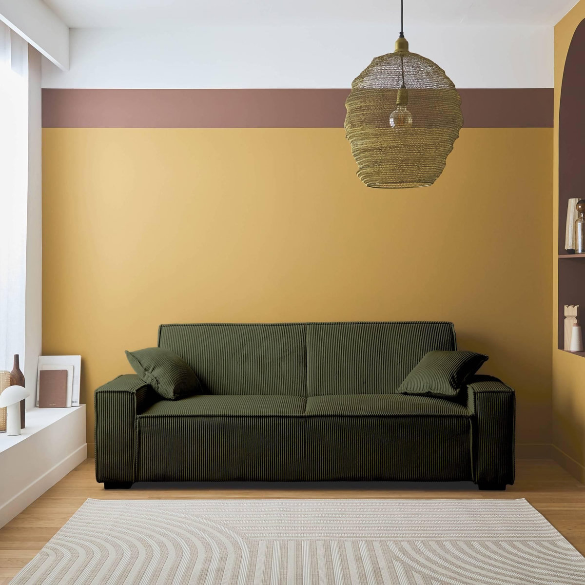 SWEEEK Canapé convertible 3 places kaki velours côtelé L 231 x P 96.5 x H 80cm